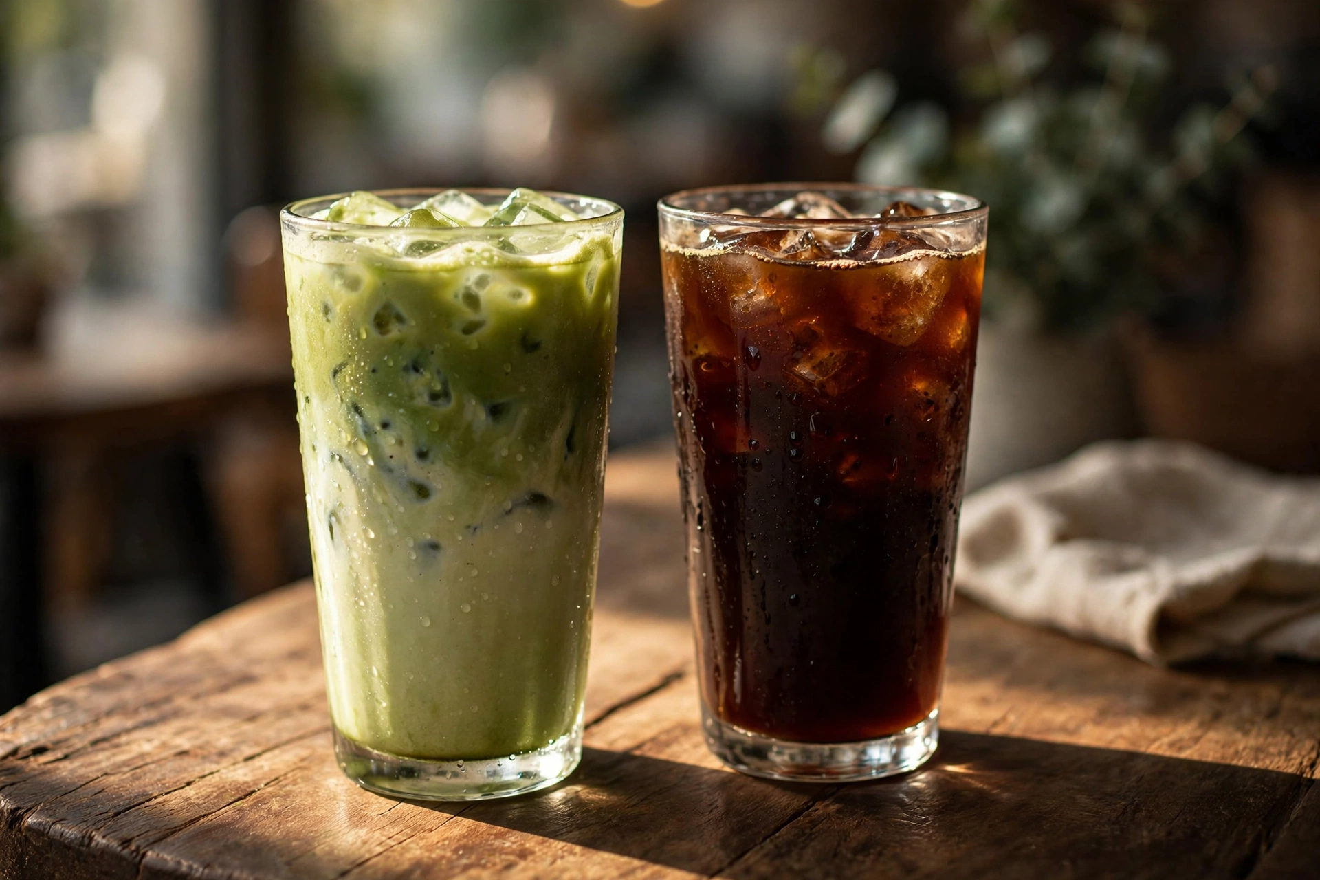 An iced matcha latte and an iced black coffee side by side on a wooden café table