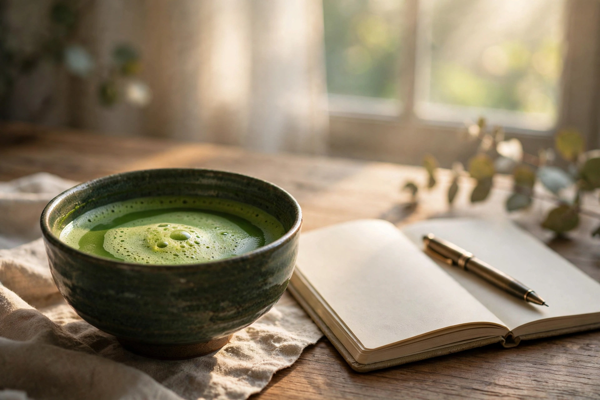 A bowl of whisked matcha next to an open notebook in morning sunlight
