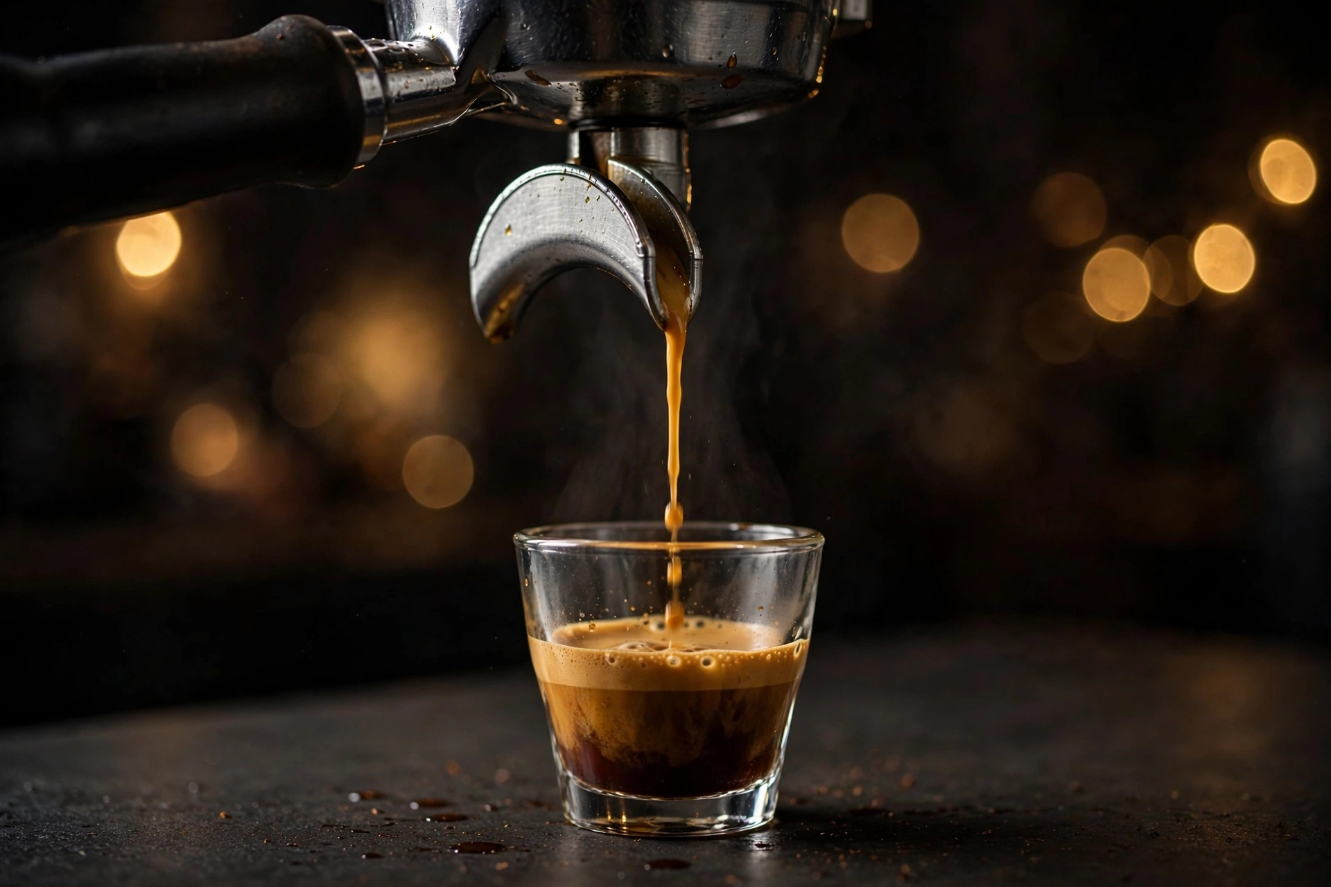 Espresso pouring from a portafilter into a small glass cup in a dark café