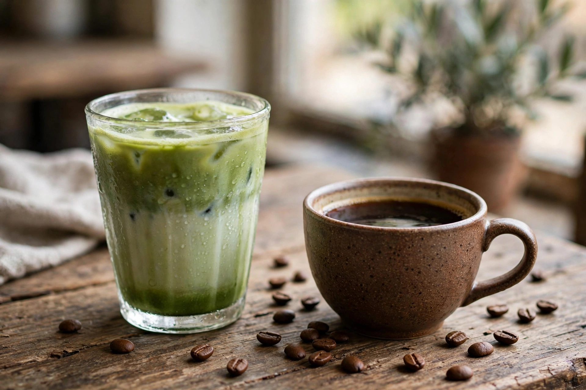 A glass of iced matcha latte and a ceramic cup of black coffee side by side on a café table