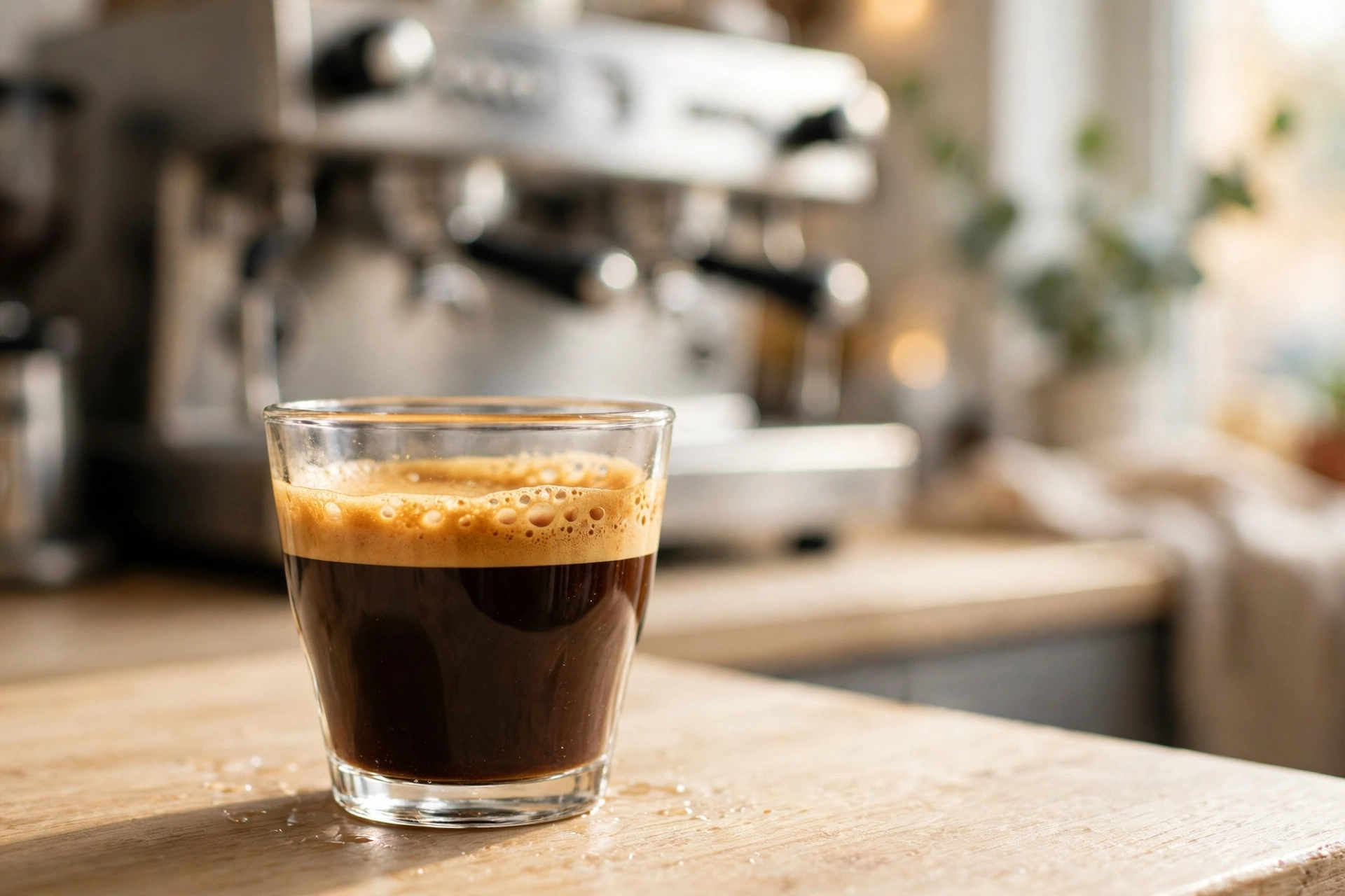 A shot of espresso with golden crema in a clear glass cup on a café table