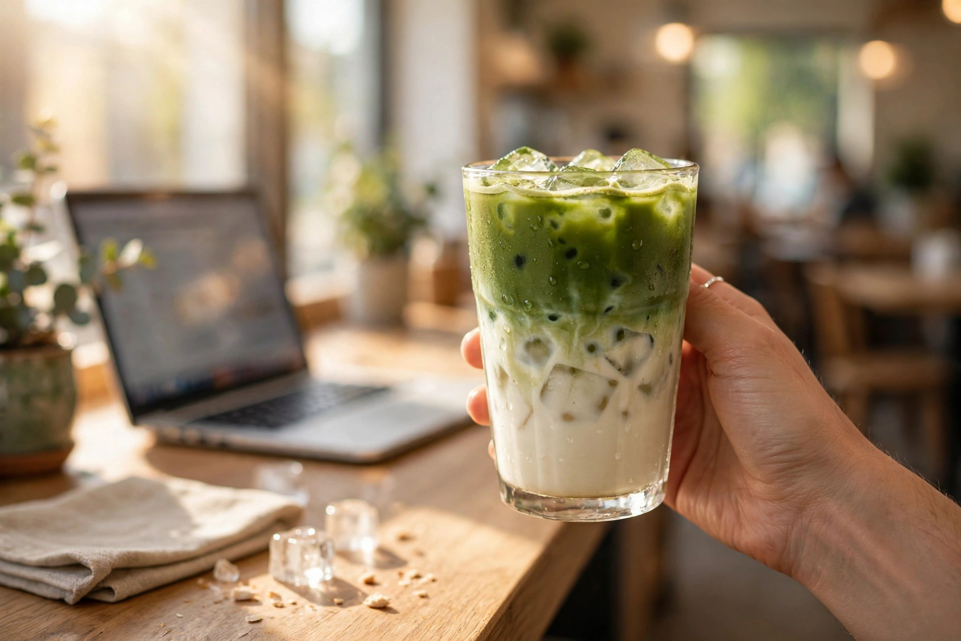 A hand holding an iced matcha latte at a sunny café table with a laptop nearby