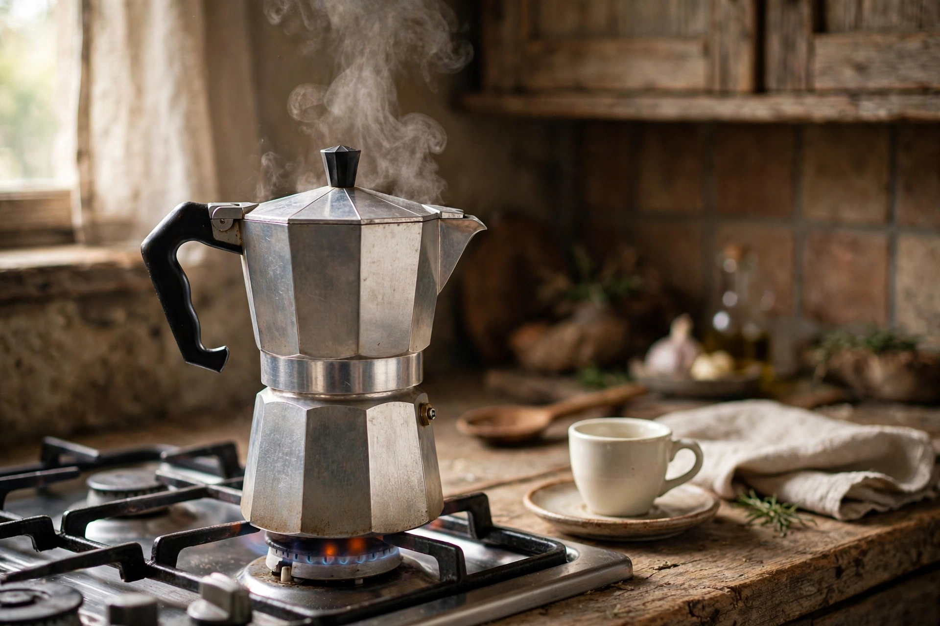 Classic moka pot brewing on a stovetop with steam