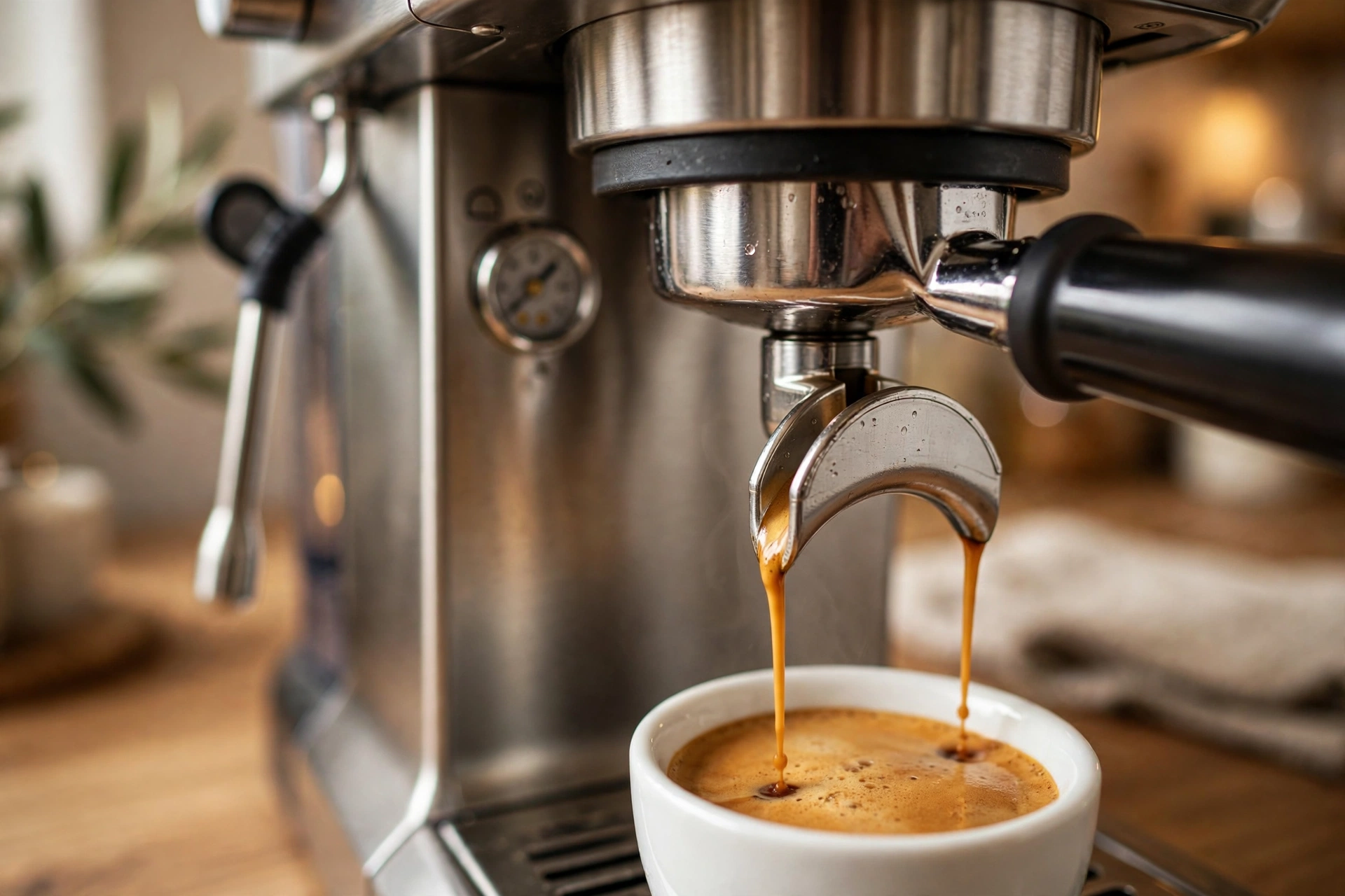 Home espresso machine pulling a shot with golden crema