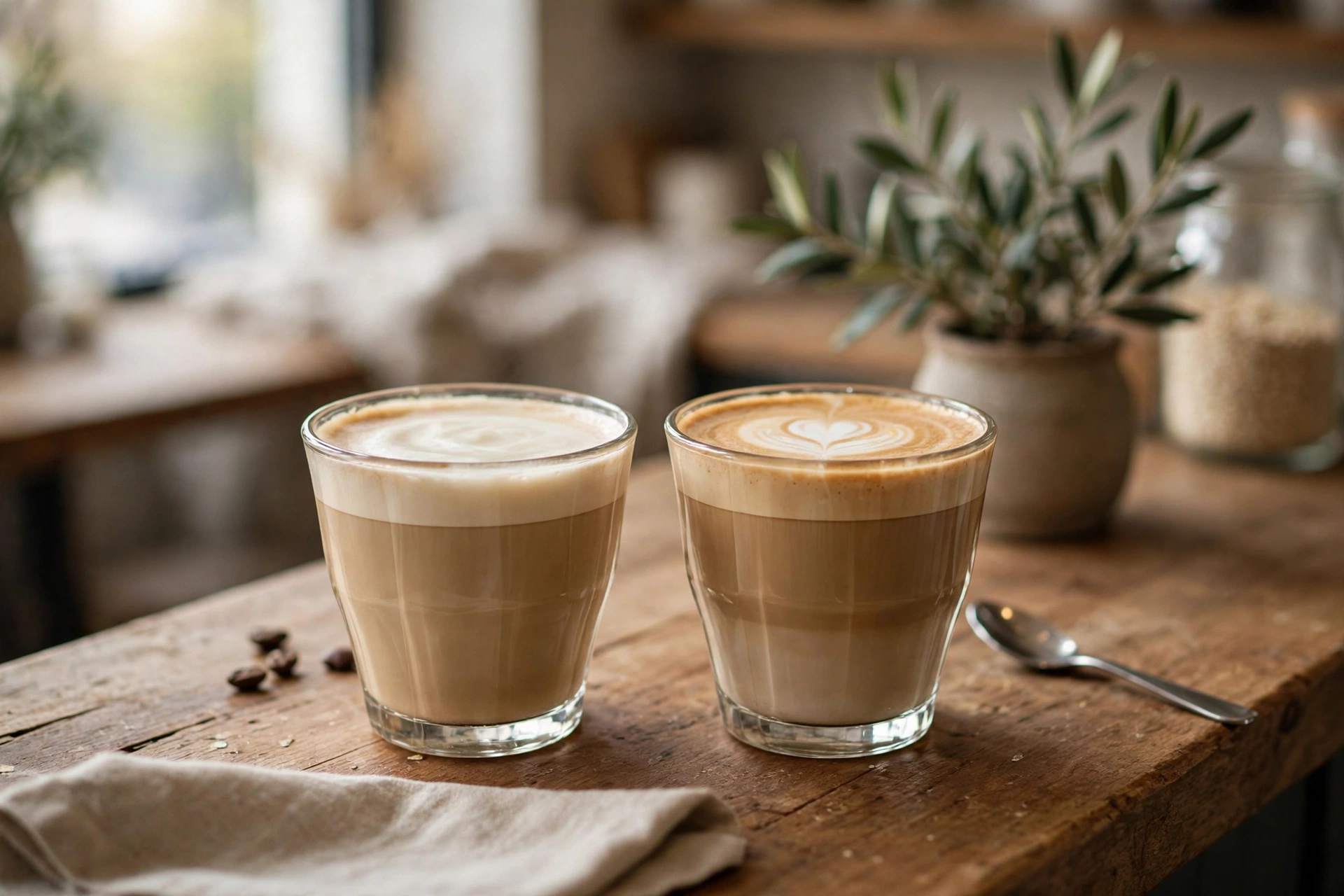 Two homemade lattes side by side on a cafe counter