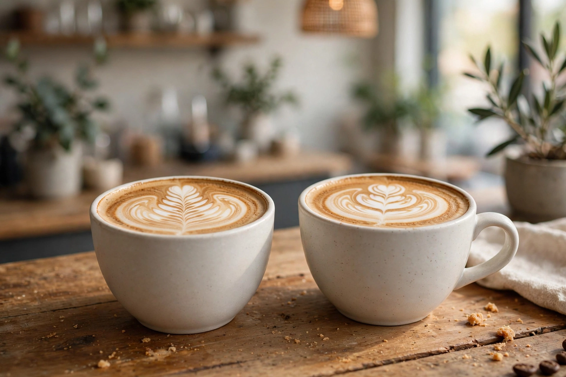 Two ceramic cups of latte with latte art side by side on a wooden cafe counter