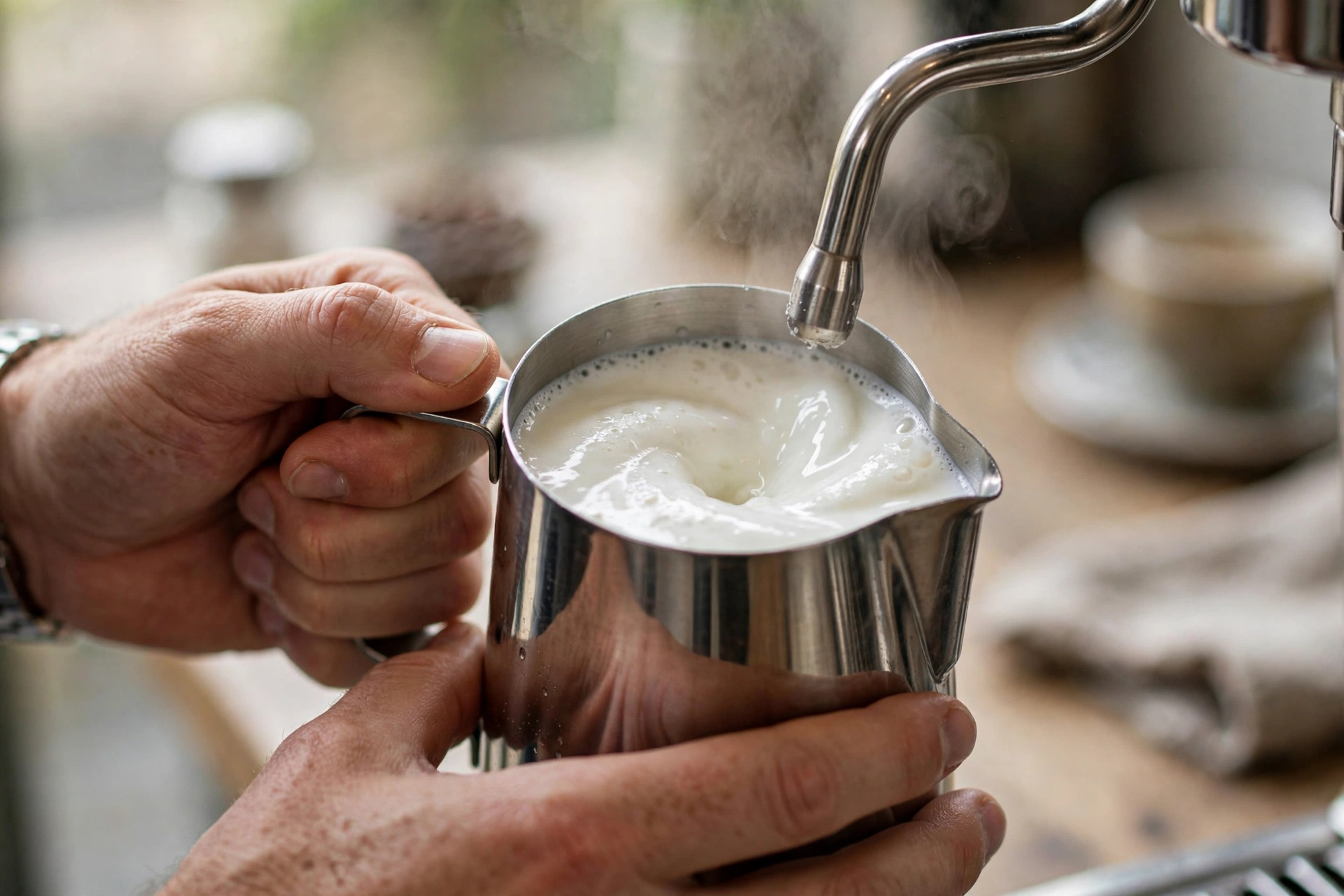 Hands steaming milk in a steel pitcher under an espresso machine steam wand