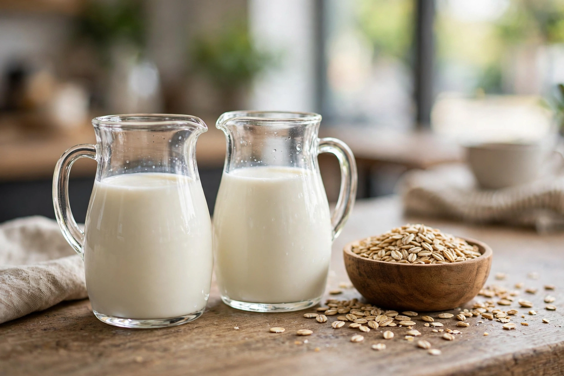 Two glass pitchers of milk beside a wooden bowl of oat grains on a cafe counter