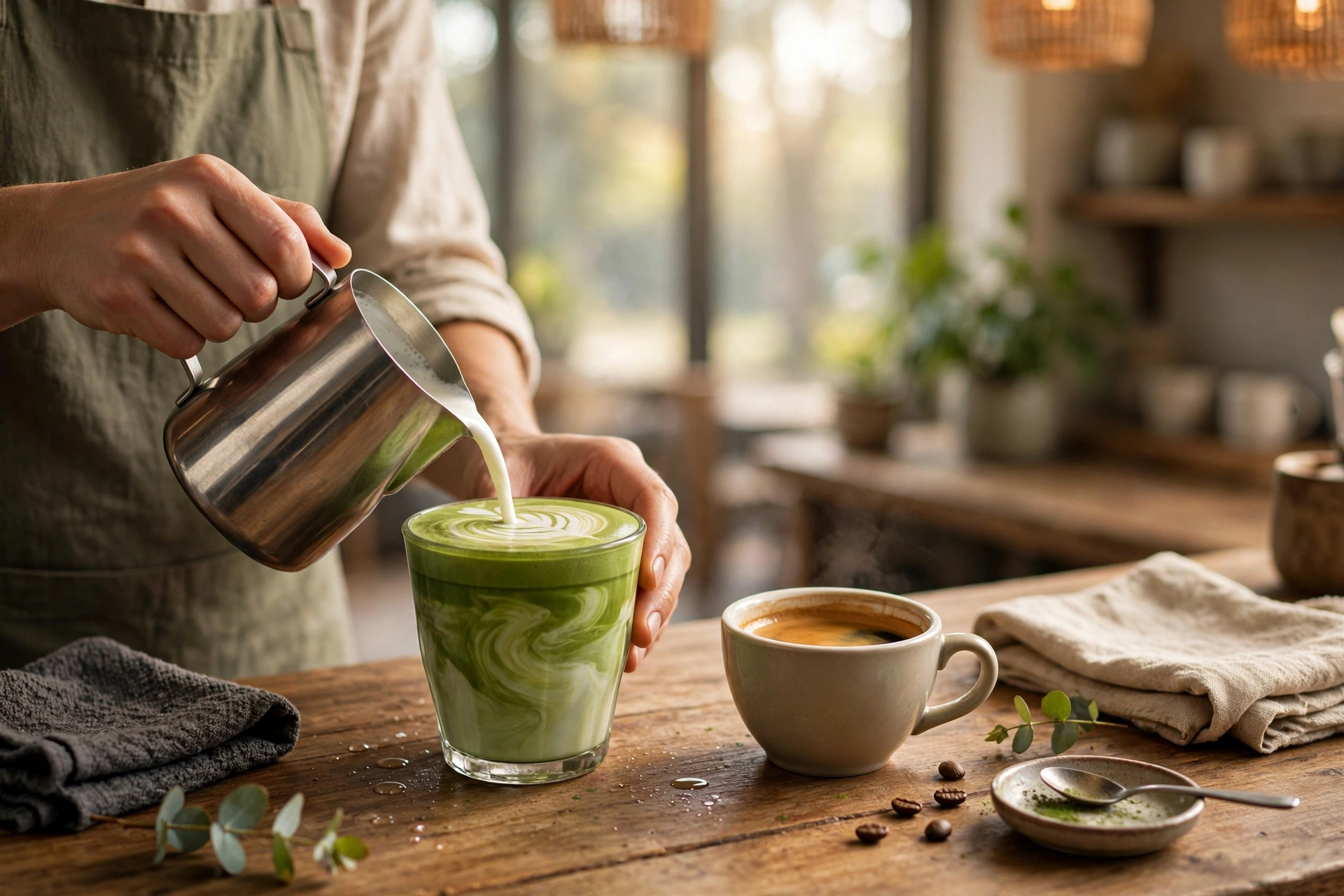 Warm neighborhood café counter with matcha and espresso drinks being prepared