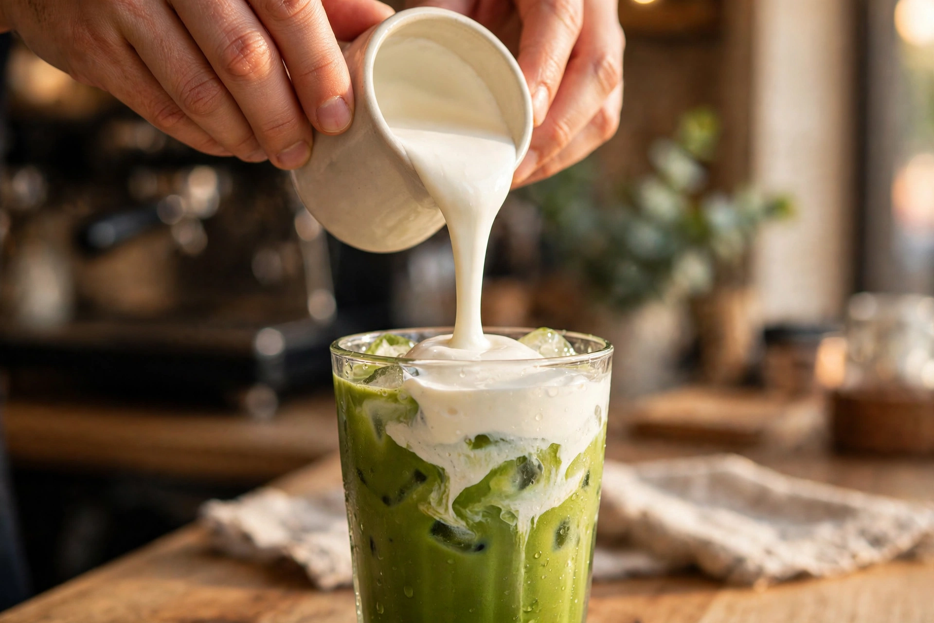 Cream-topped matcha drink being finished at a café bar