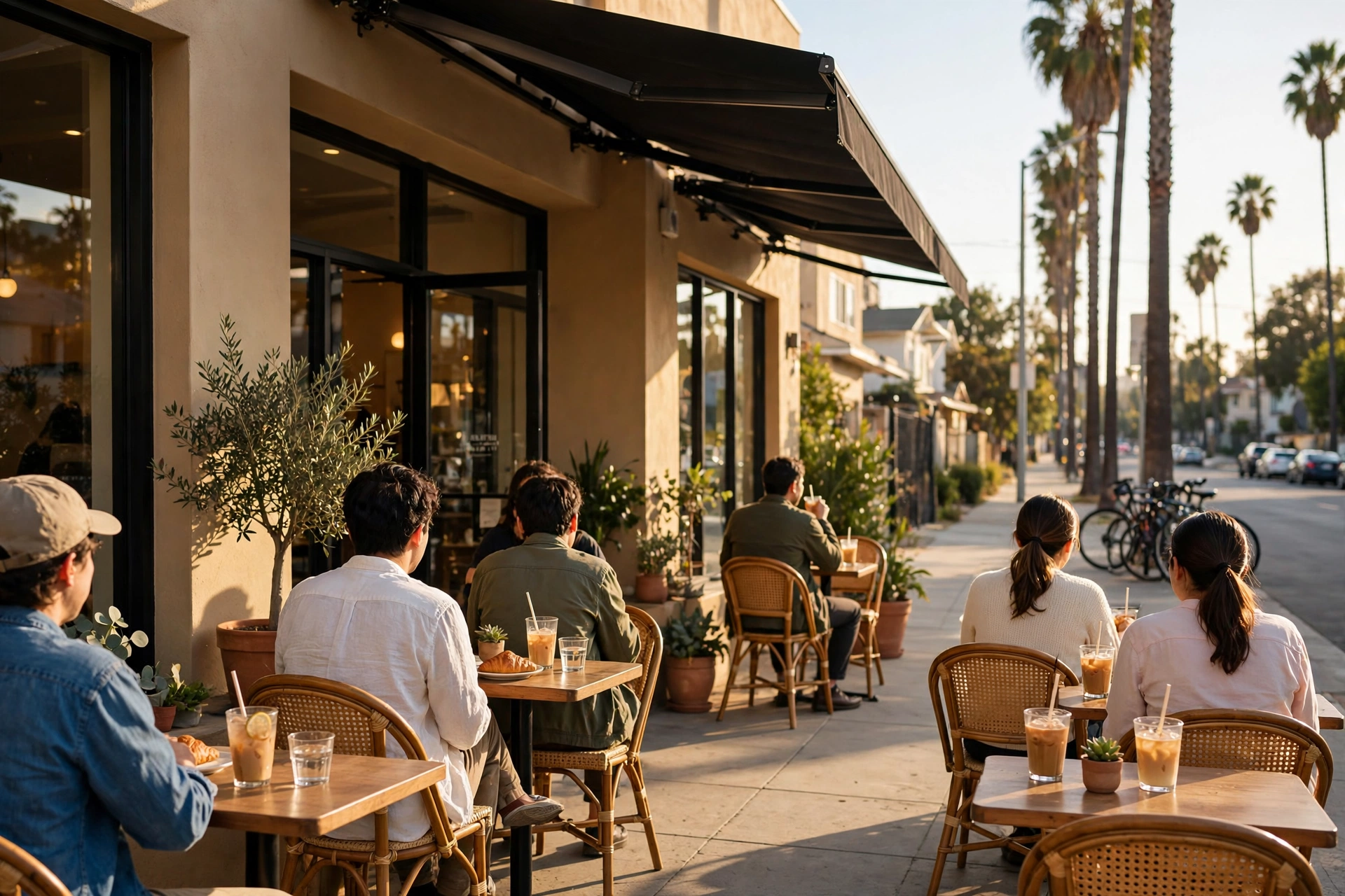 Customers enjoying iced drinks outside a sunny Los Angeles café