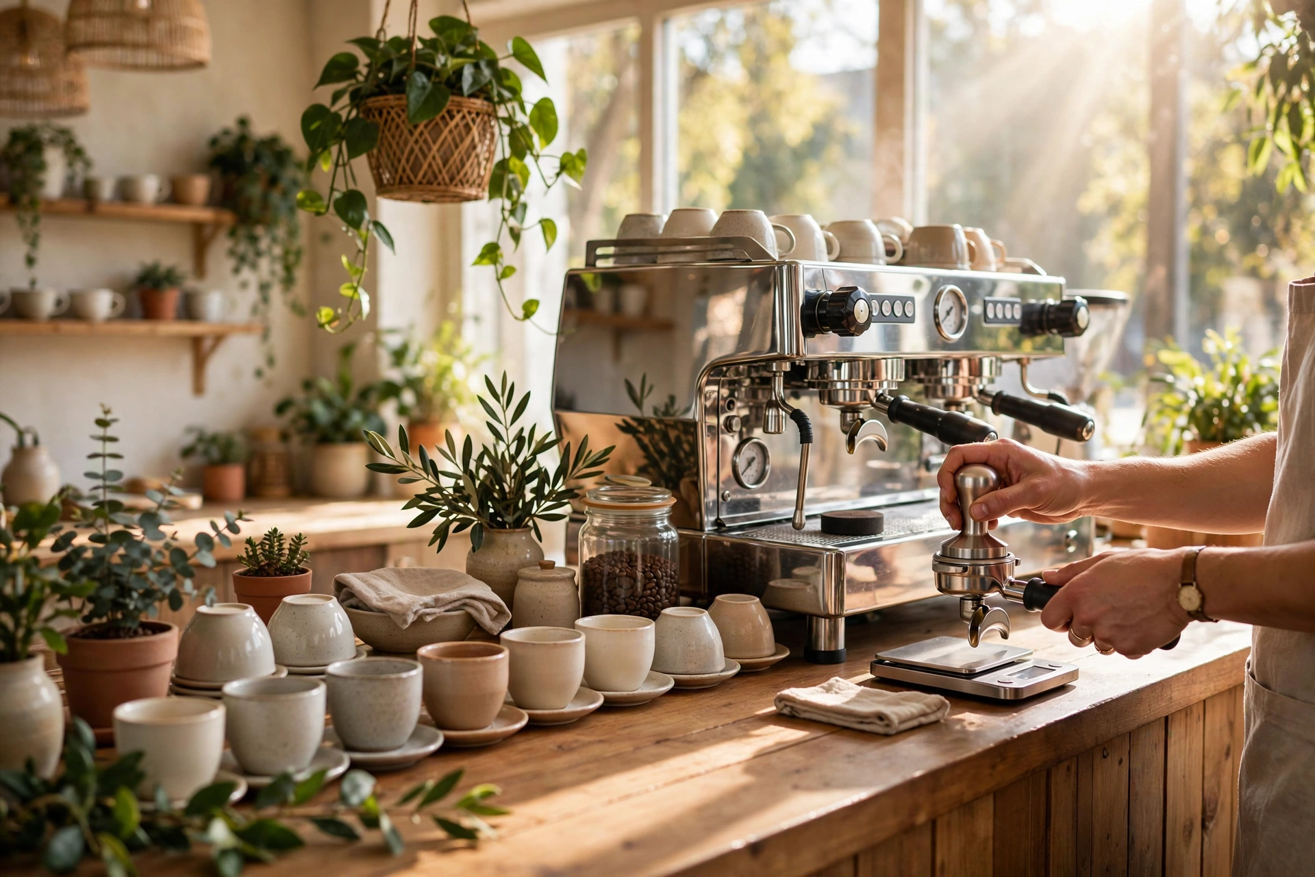 Bright trendy specialty coffee shop interior with a barista working at an espresso machine
