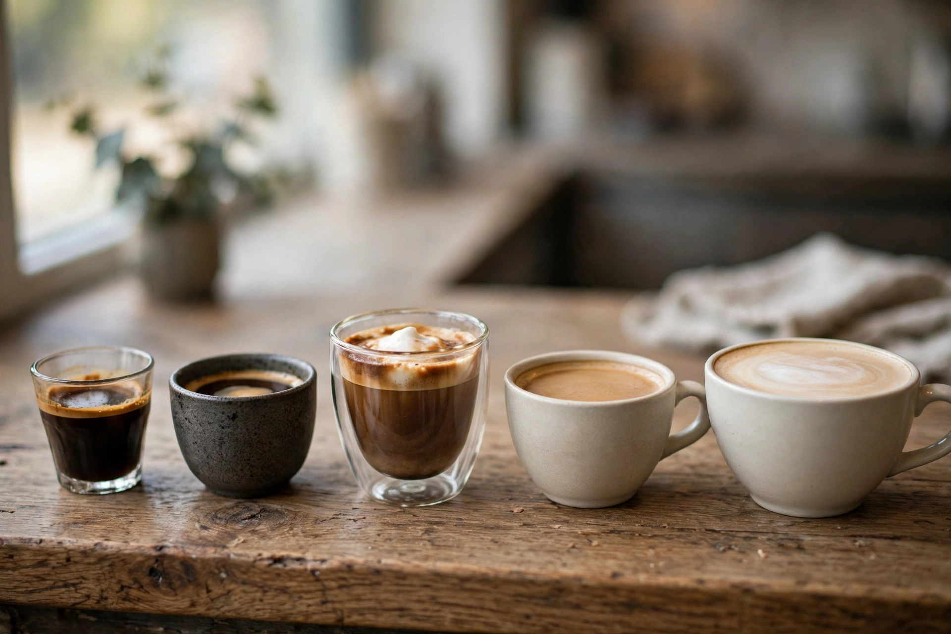 A lineup of five espresso drinks from dark espresso to milky latte on a wooden counter