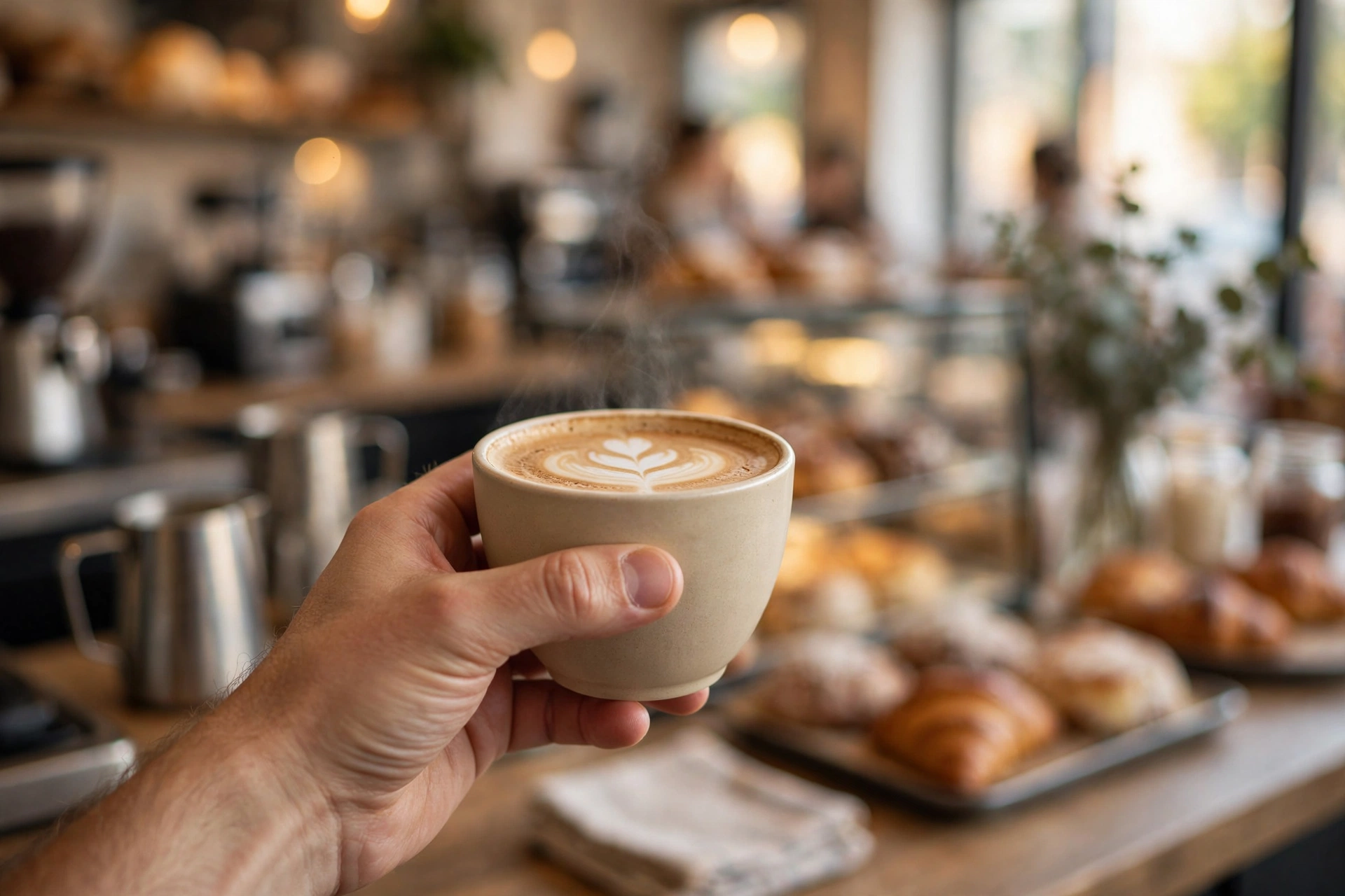 A hand holding a ceramic cup of coffee with latte art at a busy café counter