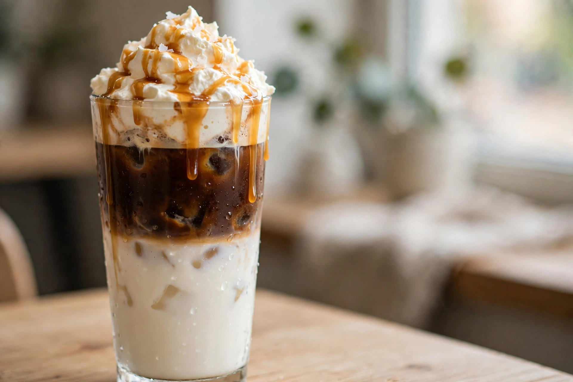 Iced salted cream latte in a tall glass with distinct layers of milk, espresso, and salted cream