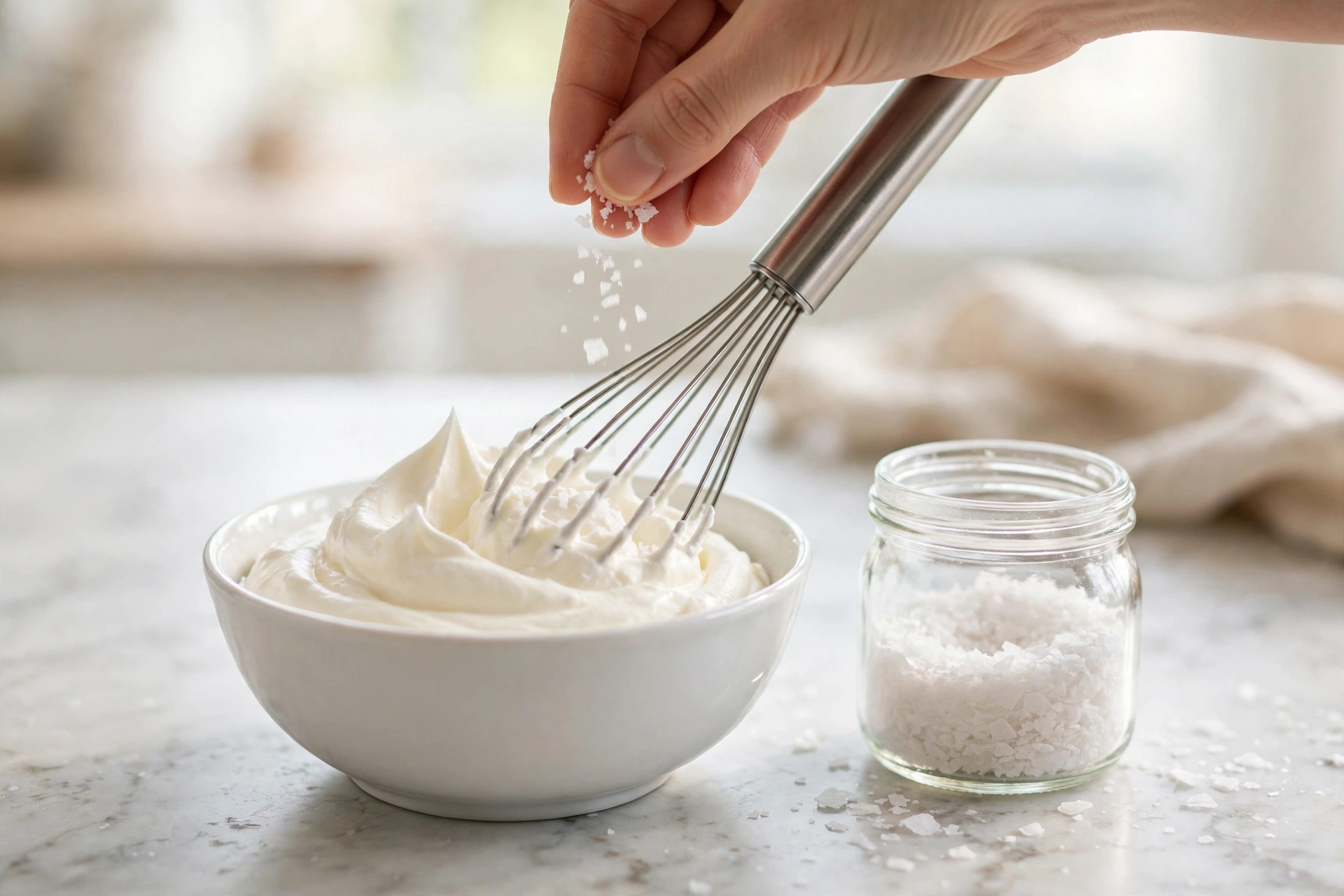 Heavy cream being whipped with a pinch of flaky sea salt in a small bowl