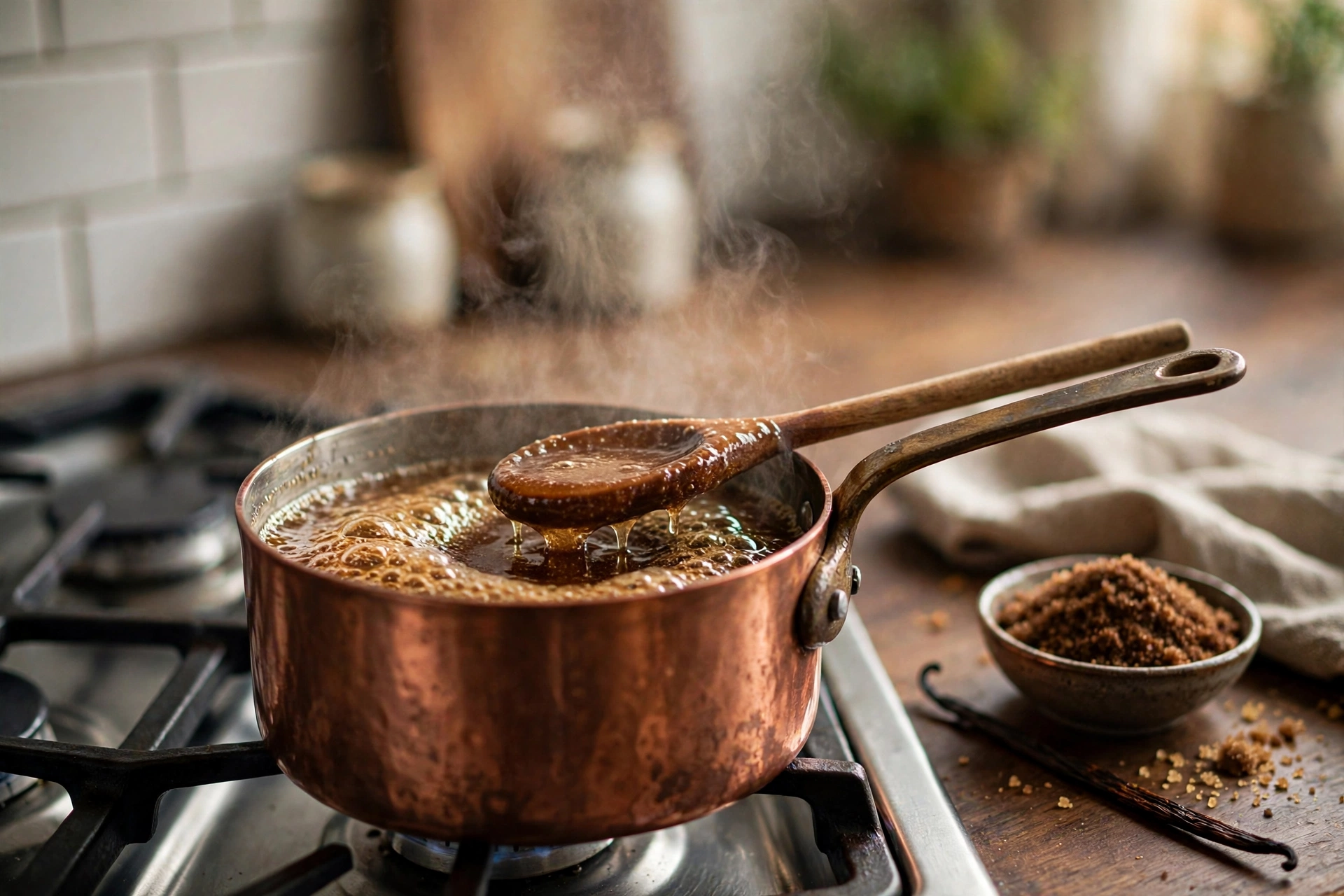Brown sugar syrup simmering in a small saucepan with a wooden spoon