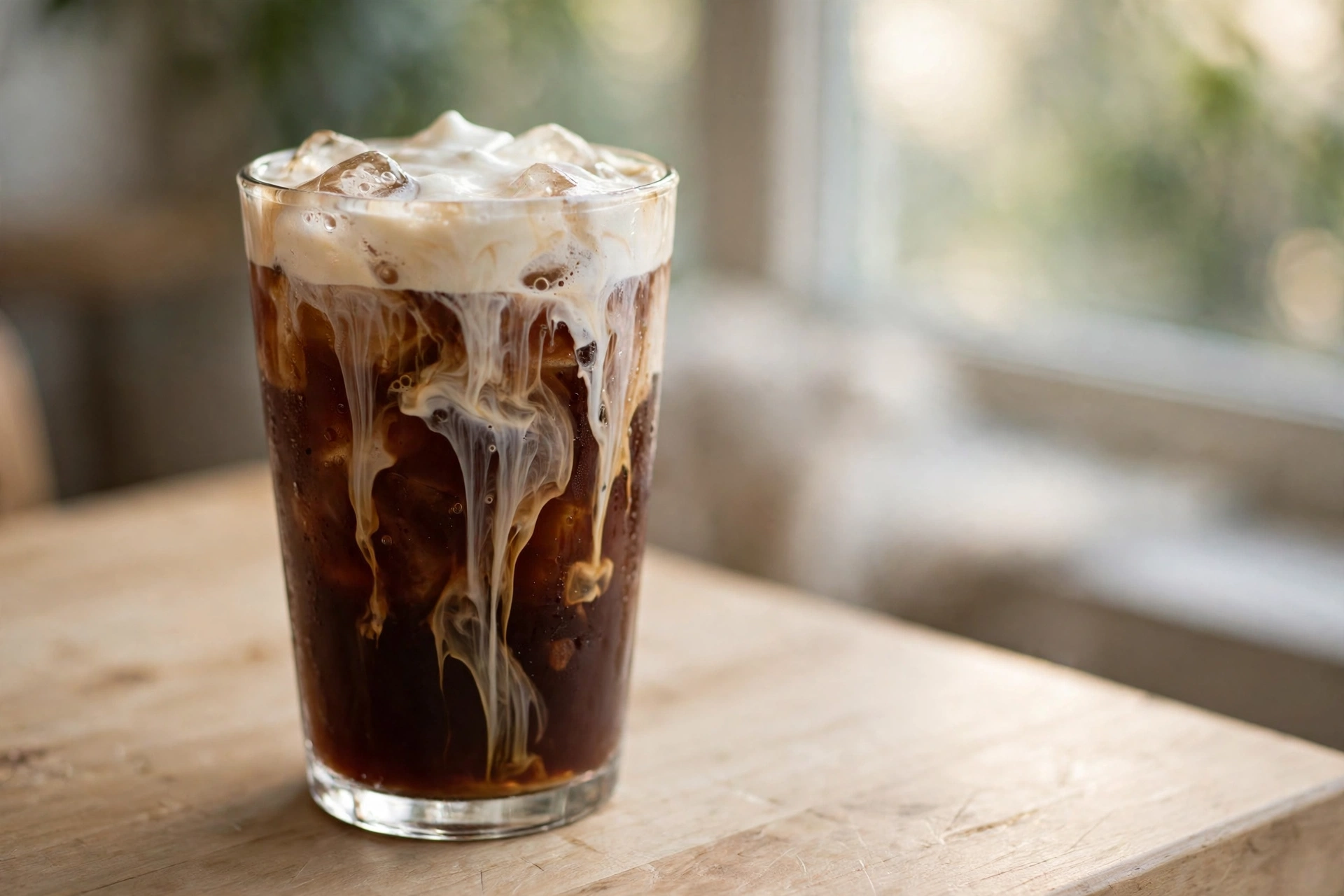 Tall glass of iced cold brew with sweet cream cold foam cascading in marbled ribbons