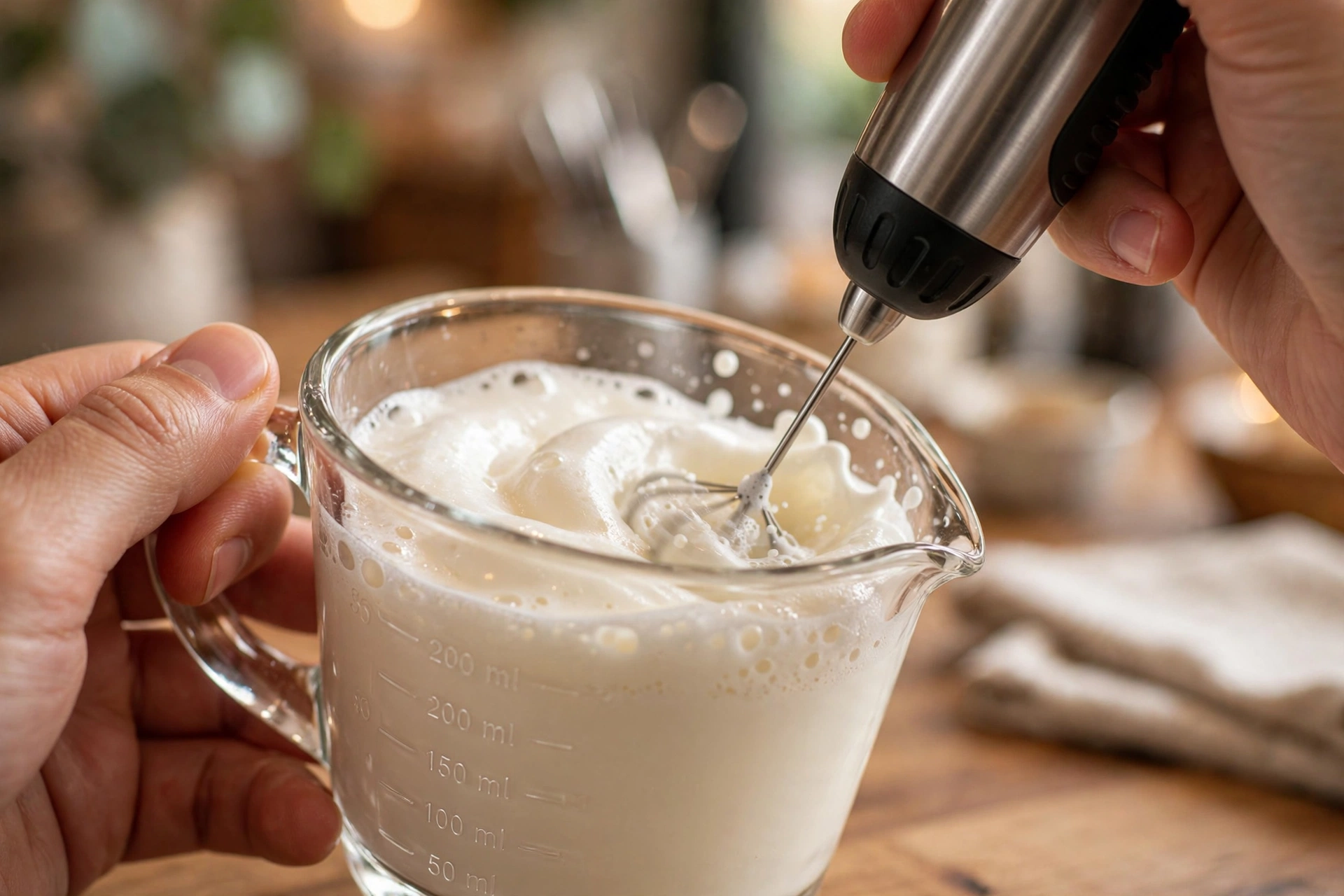 Handheld milk frother aerating sweet cream in a glass pitcher until thick and glossy