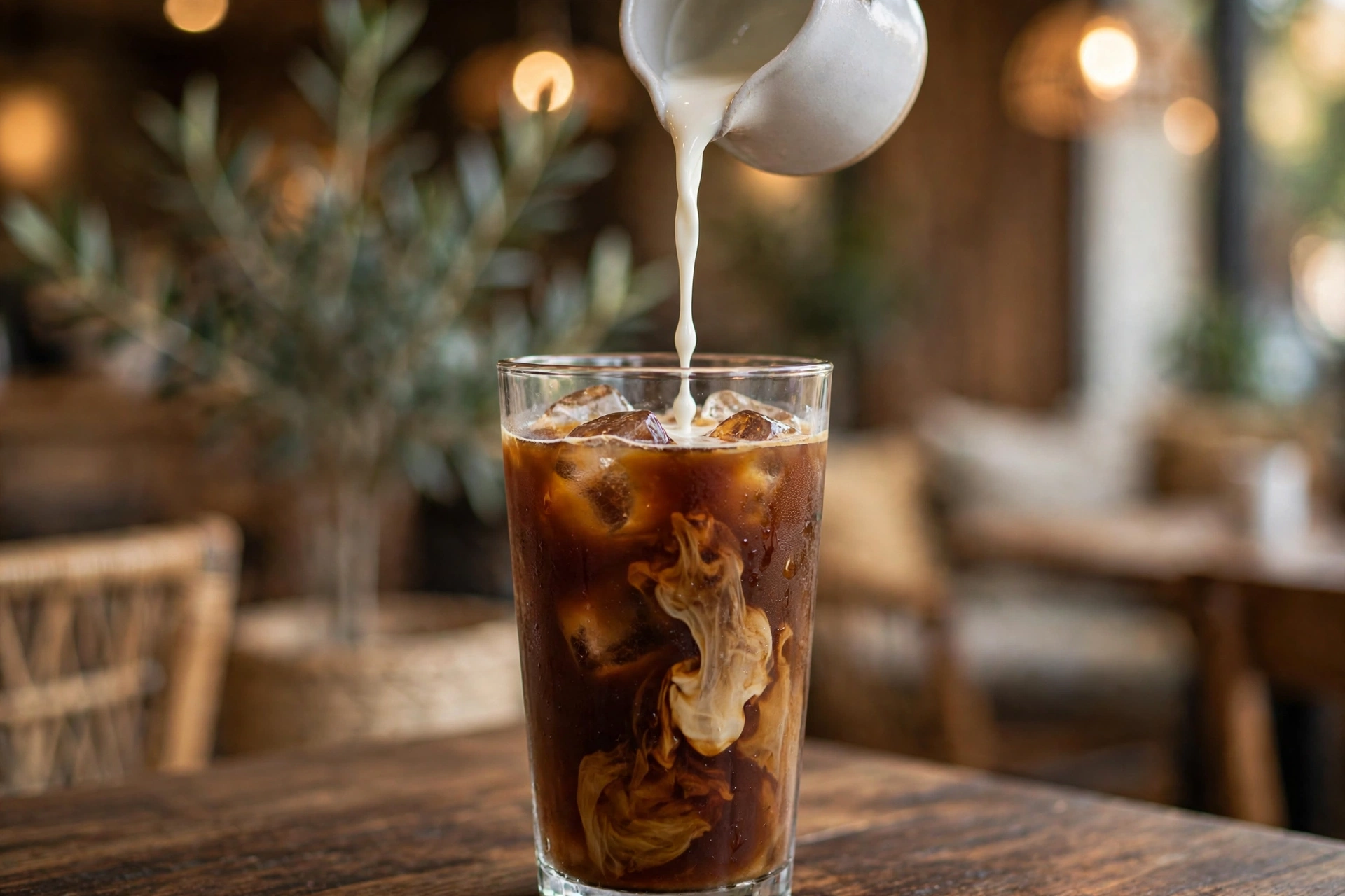 Sweet cream being poured from a pitcher onto iced coffee, beginning to marble through