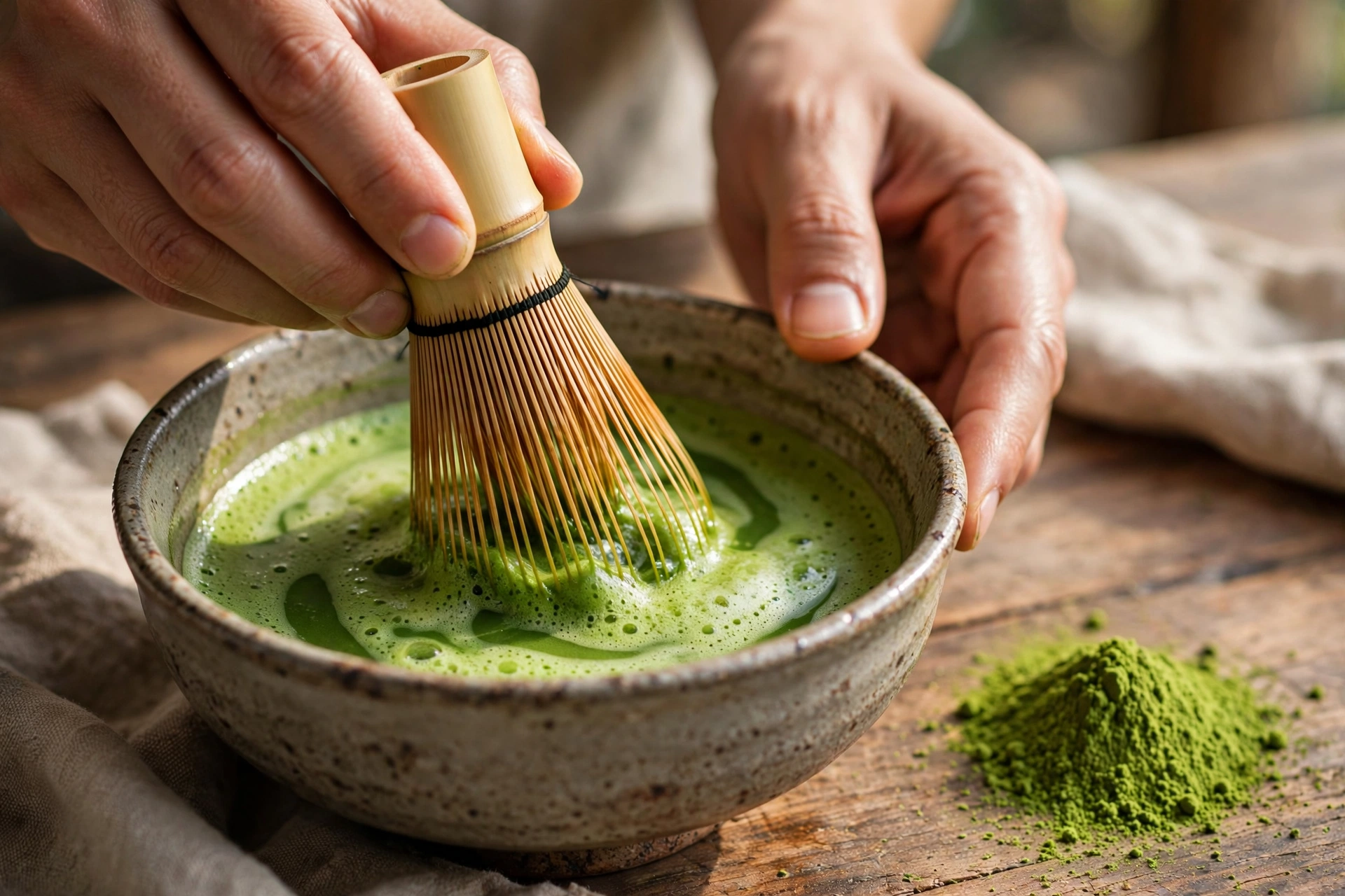 Barista whisking bright green matcha in a ceramic bowl with a bamboo whisk