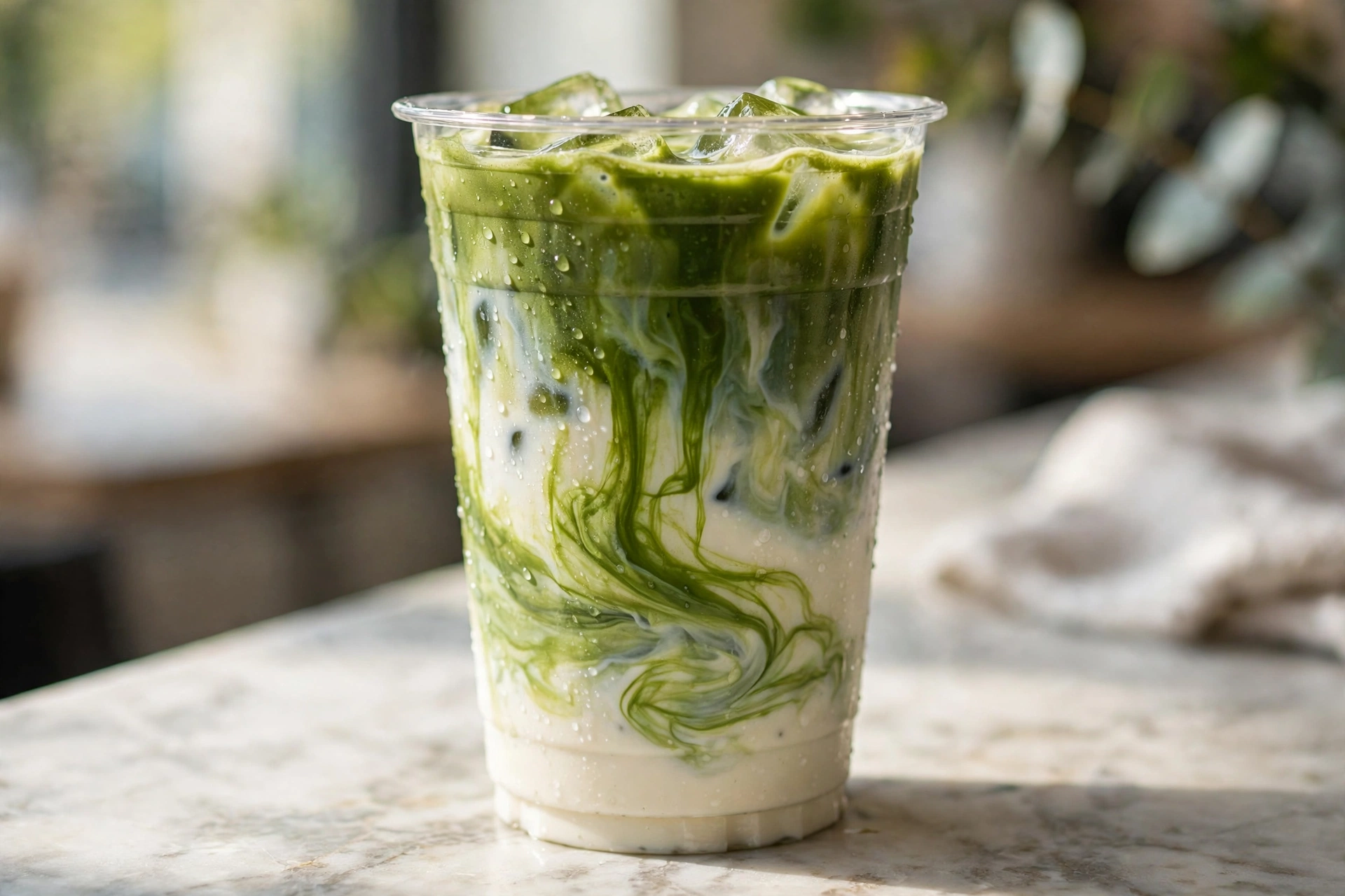 Iced matcha latte with vibrant green layers in a clear cup on a café counter