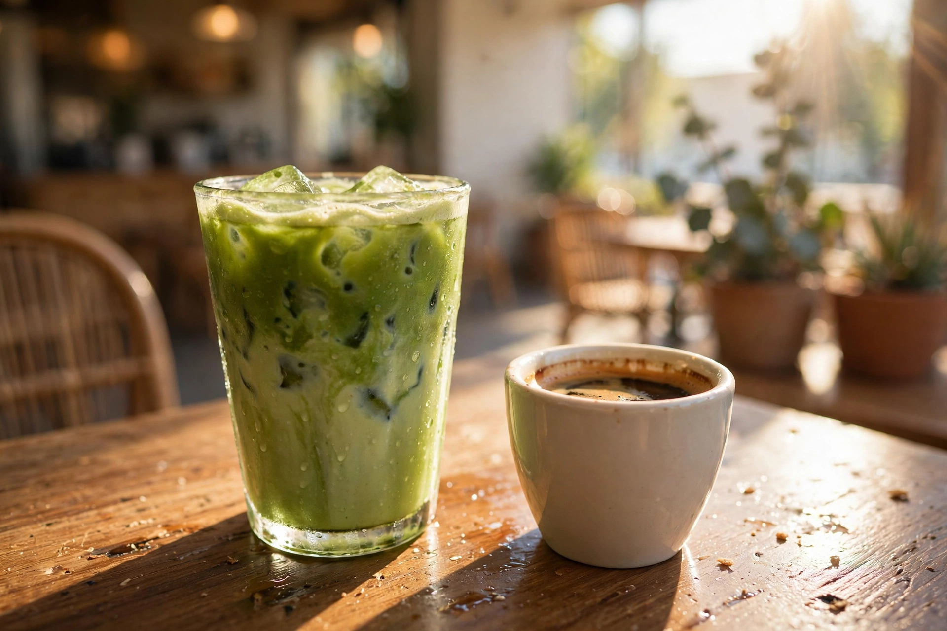Matcha and espresso drinks side by side on a sunny café table