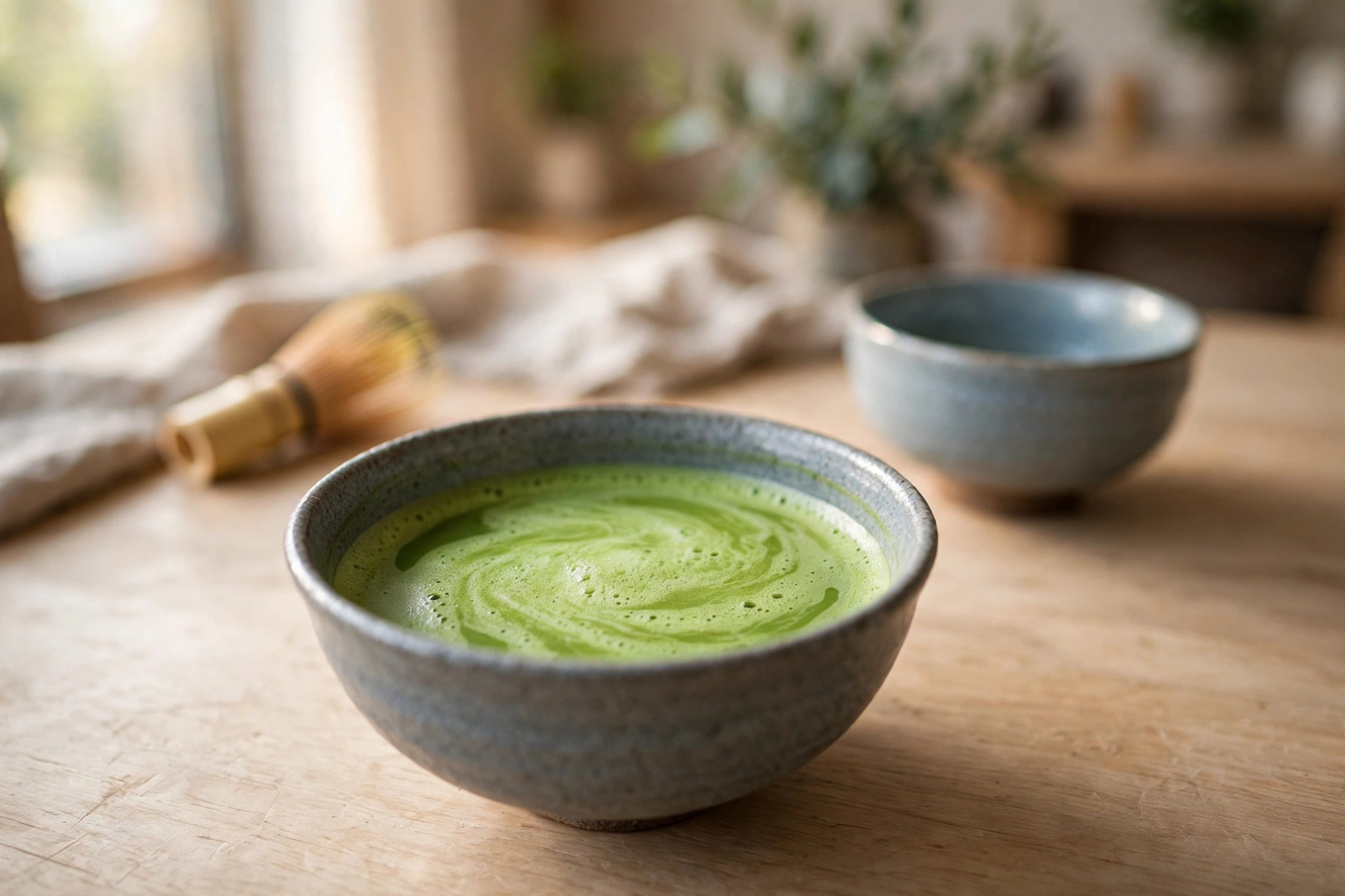 Freshly whisked matcha with a layer of froth in a ceramic bowl at a café