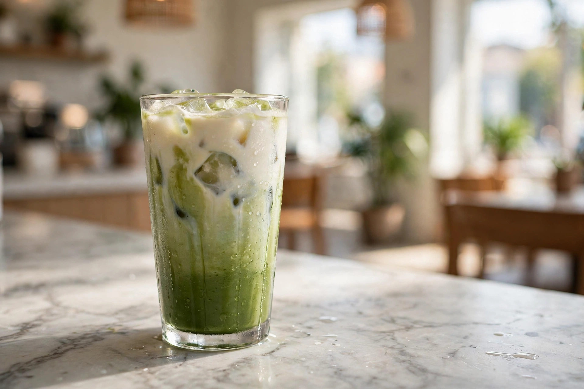 Iced matcha latte with layered green tea and milk in a tall glass on a café counter