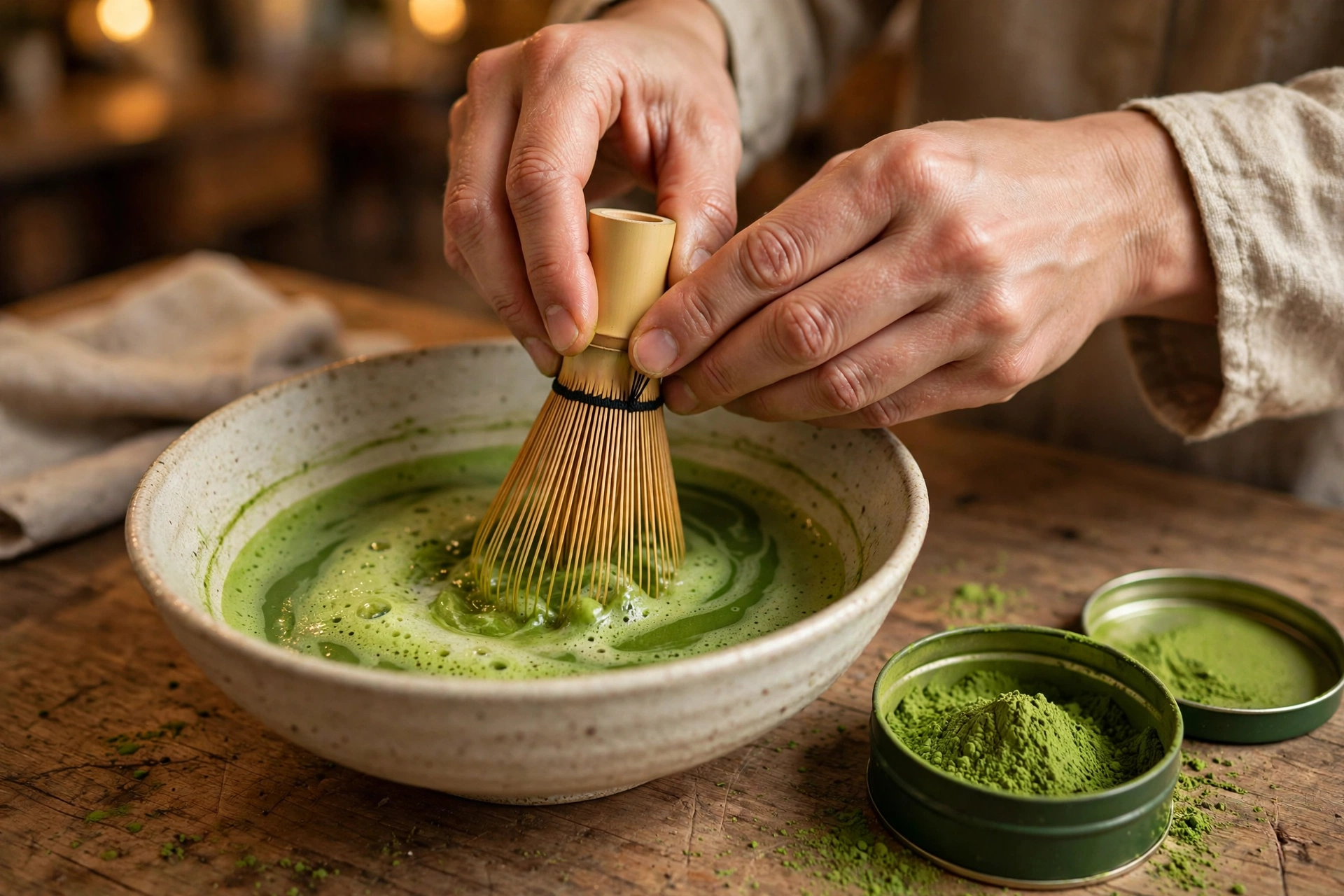 Hands whisking bright green matcha with a bamboo whisk in a ceramic bowl