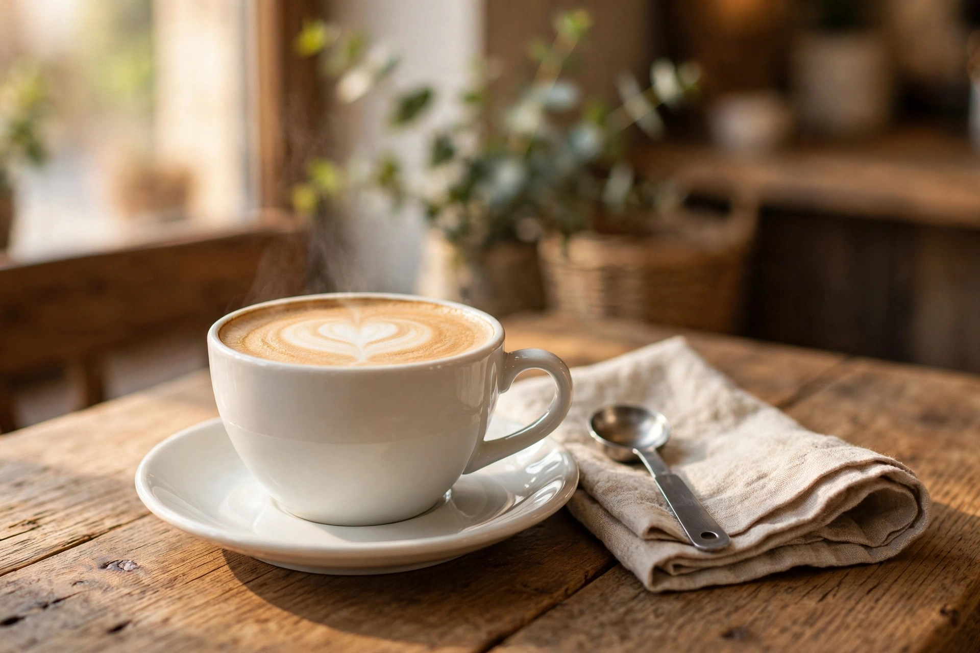 A creamy hot latte with heart latte art in a white ceramic cup on a wooden café table