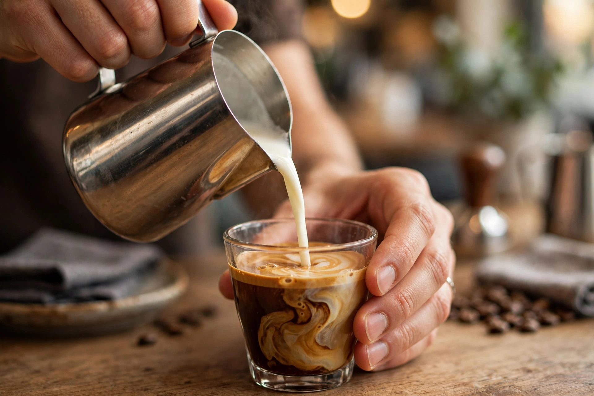 A barista's hands pouring steamed milk from a pitcher into a small glass of espresso
