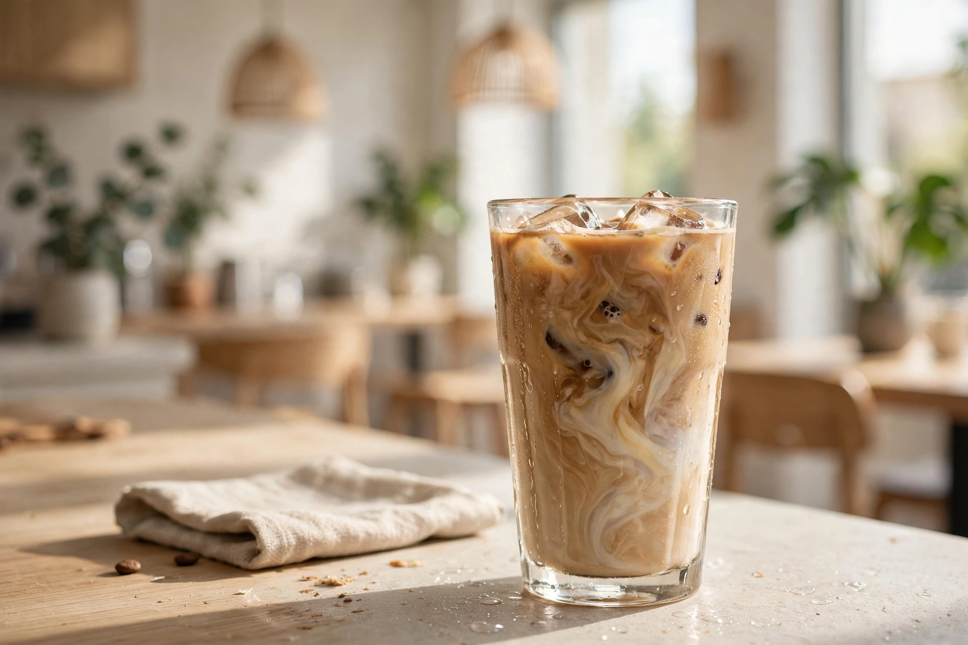 A tall glass of iced latte with creamy swirls and ice on a sunlit café counter