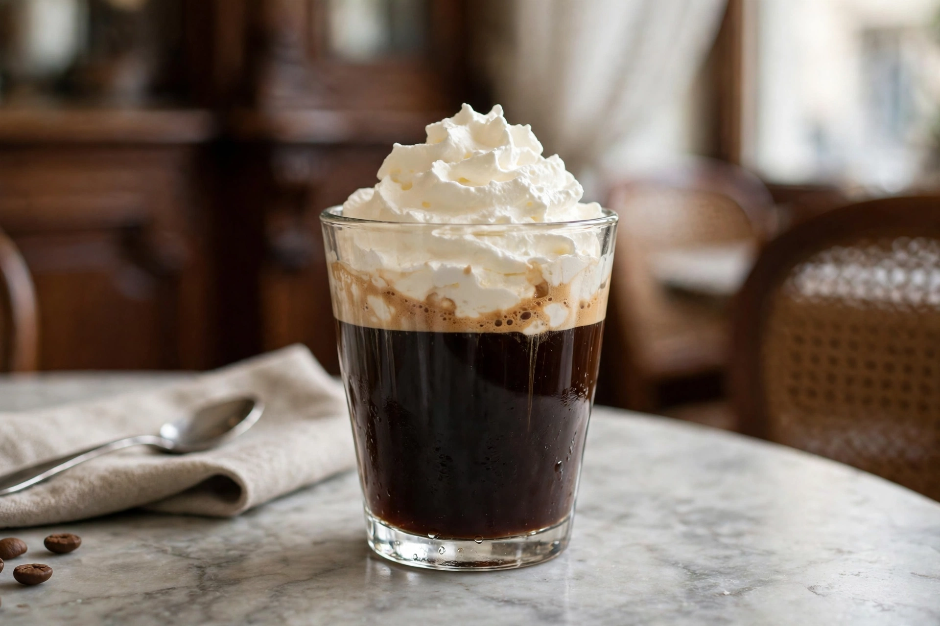Einspänner coffee in a glass with a thick layer of white whipped cream floating over dark coffee