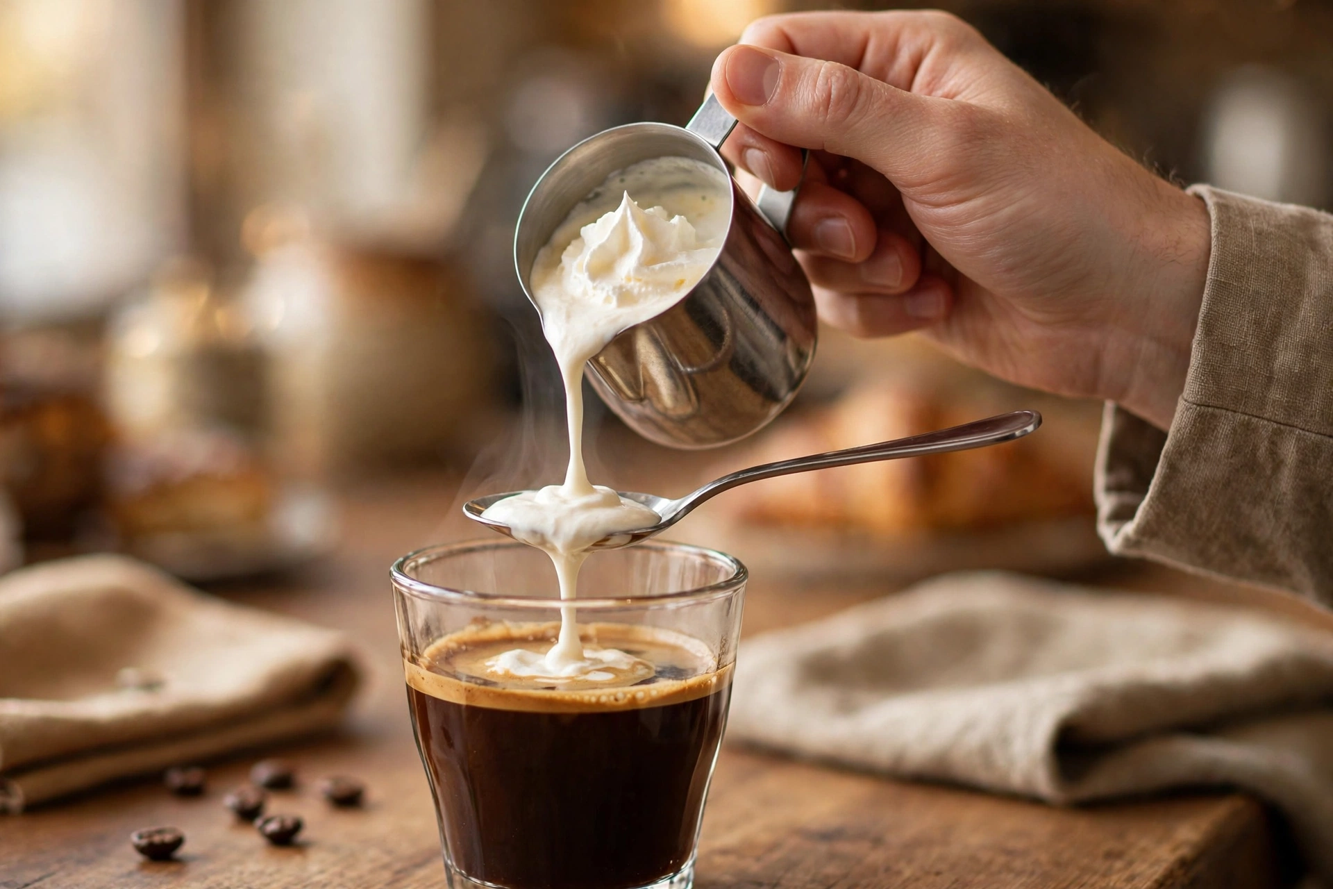 Hand pouring lightly whipped cream over espresso in a glass to make an einspänner
