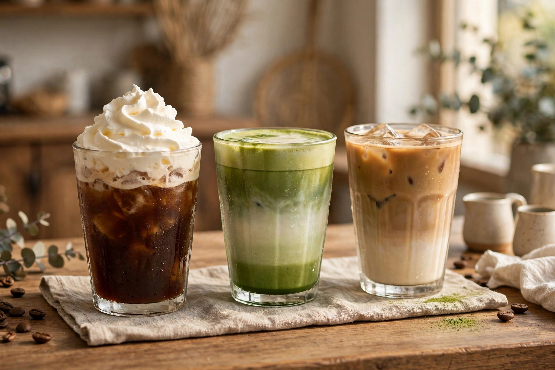 Row of coffee drinks on a café bar including an einspänner with cream top