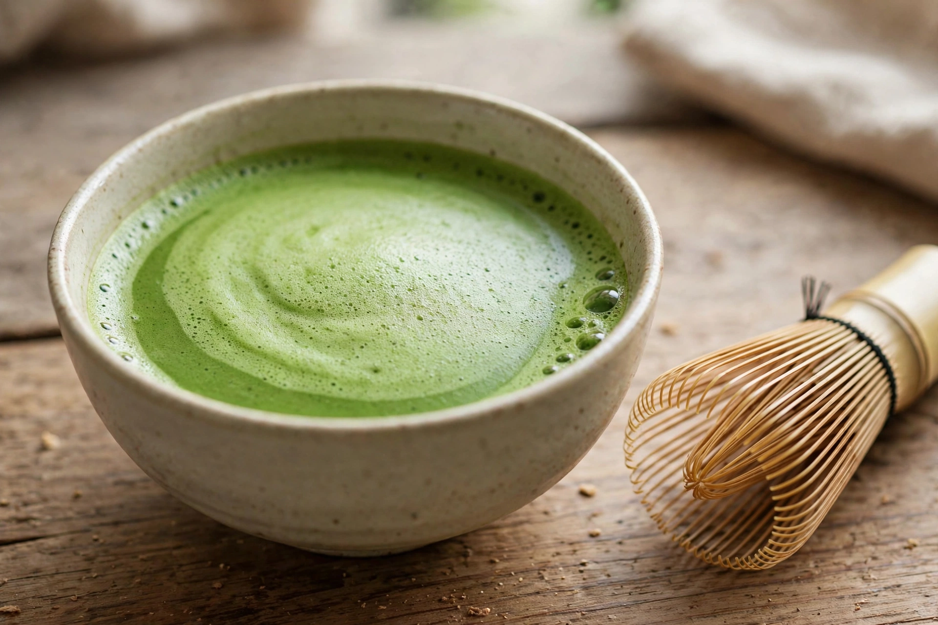 Ceramic bowl of vivid green matcha with perfect fine foam, bamboo whisk resting beside it