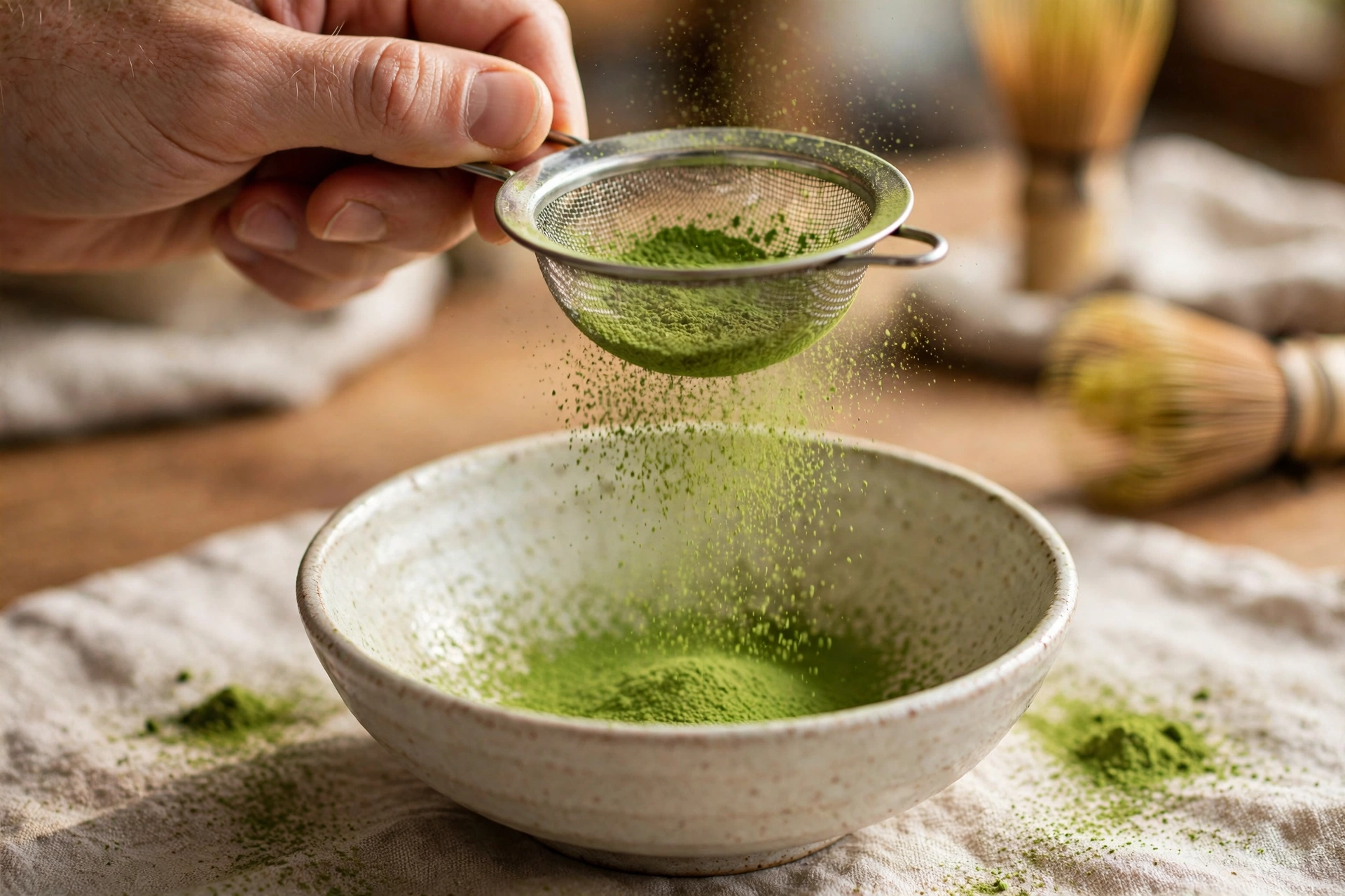 Matcha powder being sifted through a fine-mesh strainer into a ceramic bowl