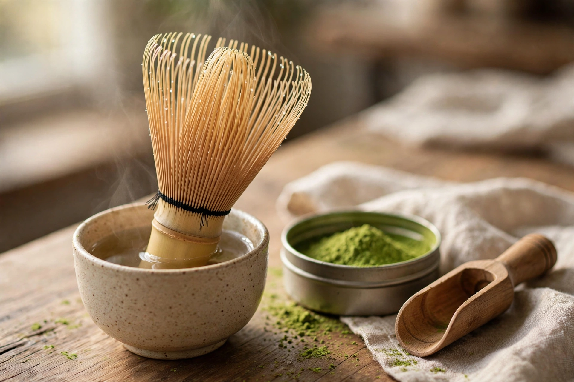 Bamboo matcha whisk soaking upright in warm water beside a tin of matcha powder and wooden scoop