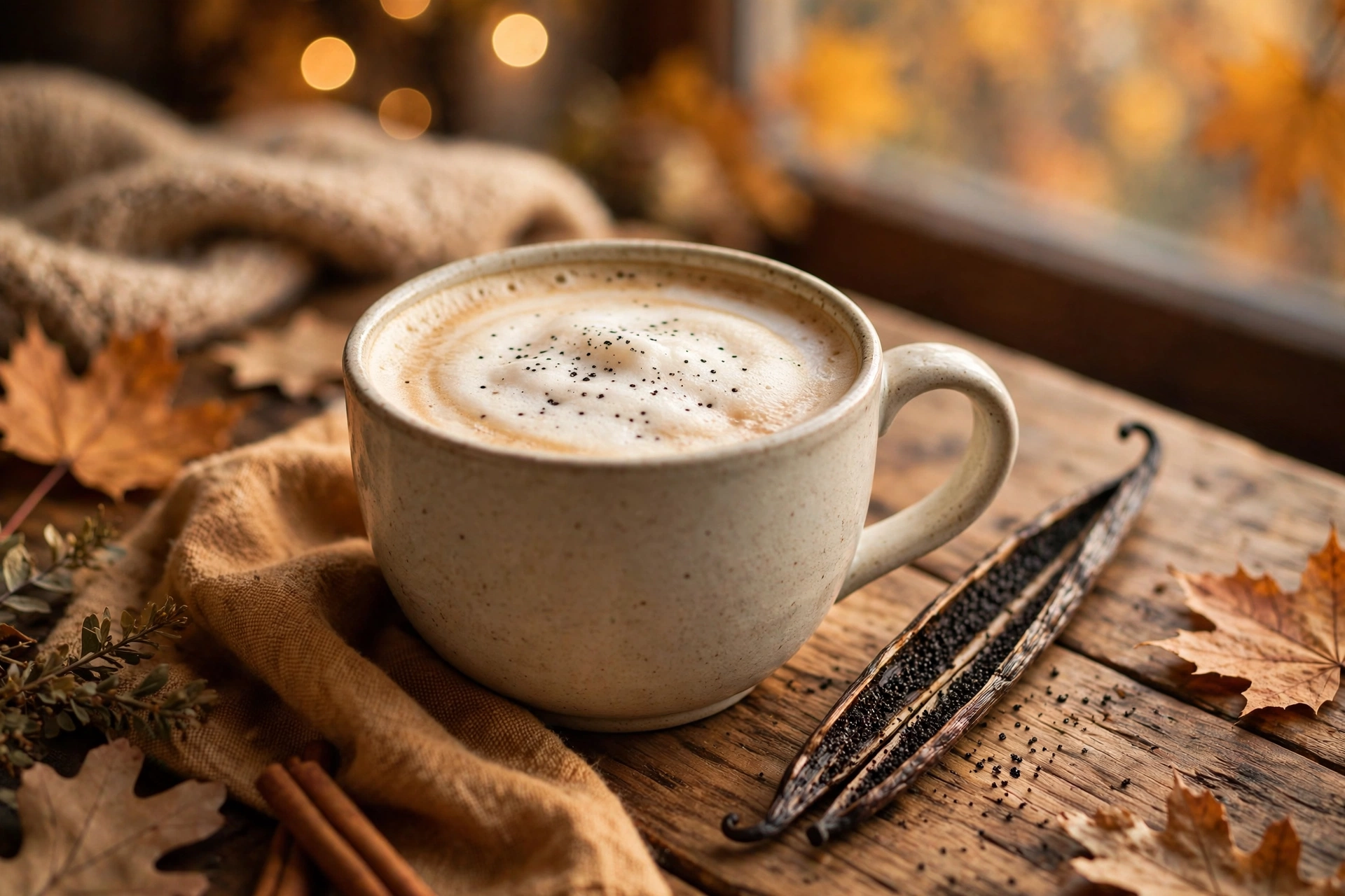 A hot vanilla bean latte in a ceramic mug with a split vanilla bean pod beside it