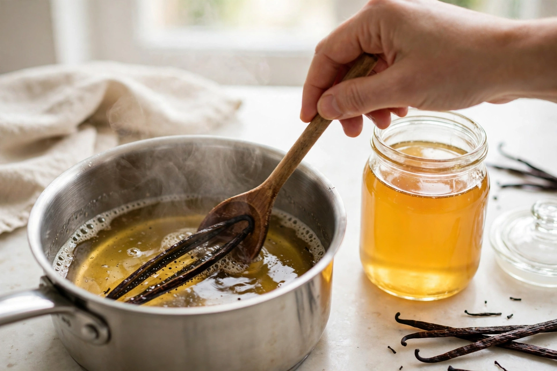 Simmering homemade vanilla bean simple syrup with vanilla pods in a saucepan