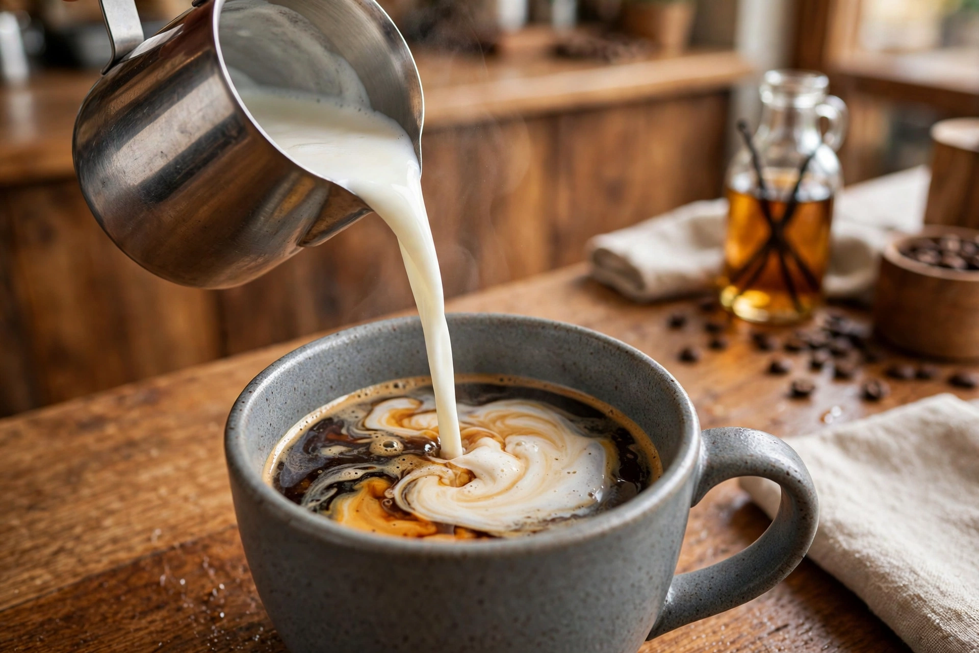 Steamed milk being poured from a metal pitcher into espresso for a latte