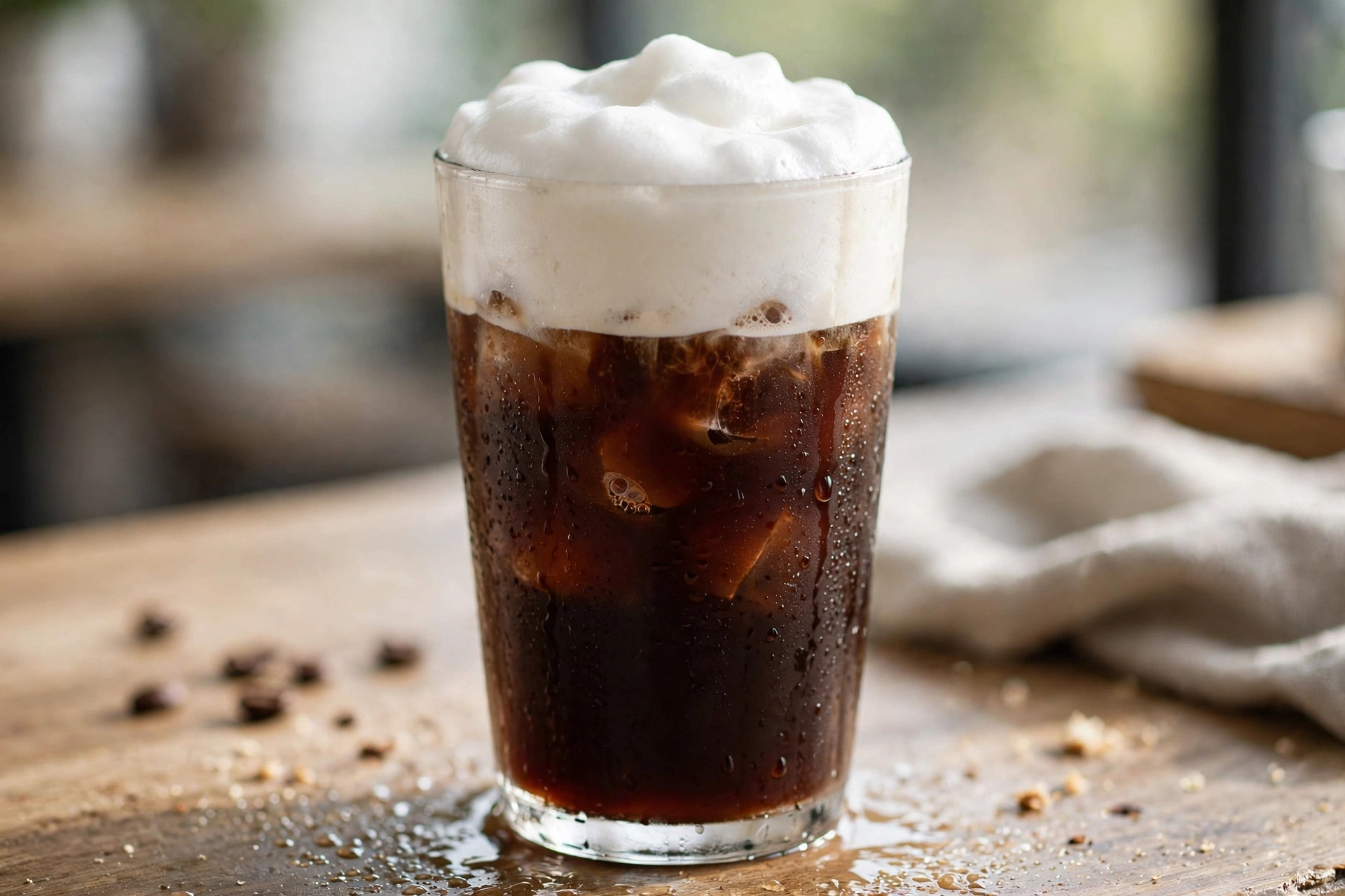 Tall glass of iced cold brew topped with a thick cloud-like layer of white cold foam