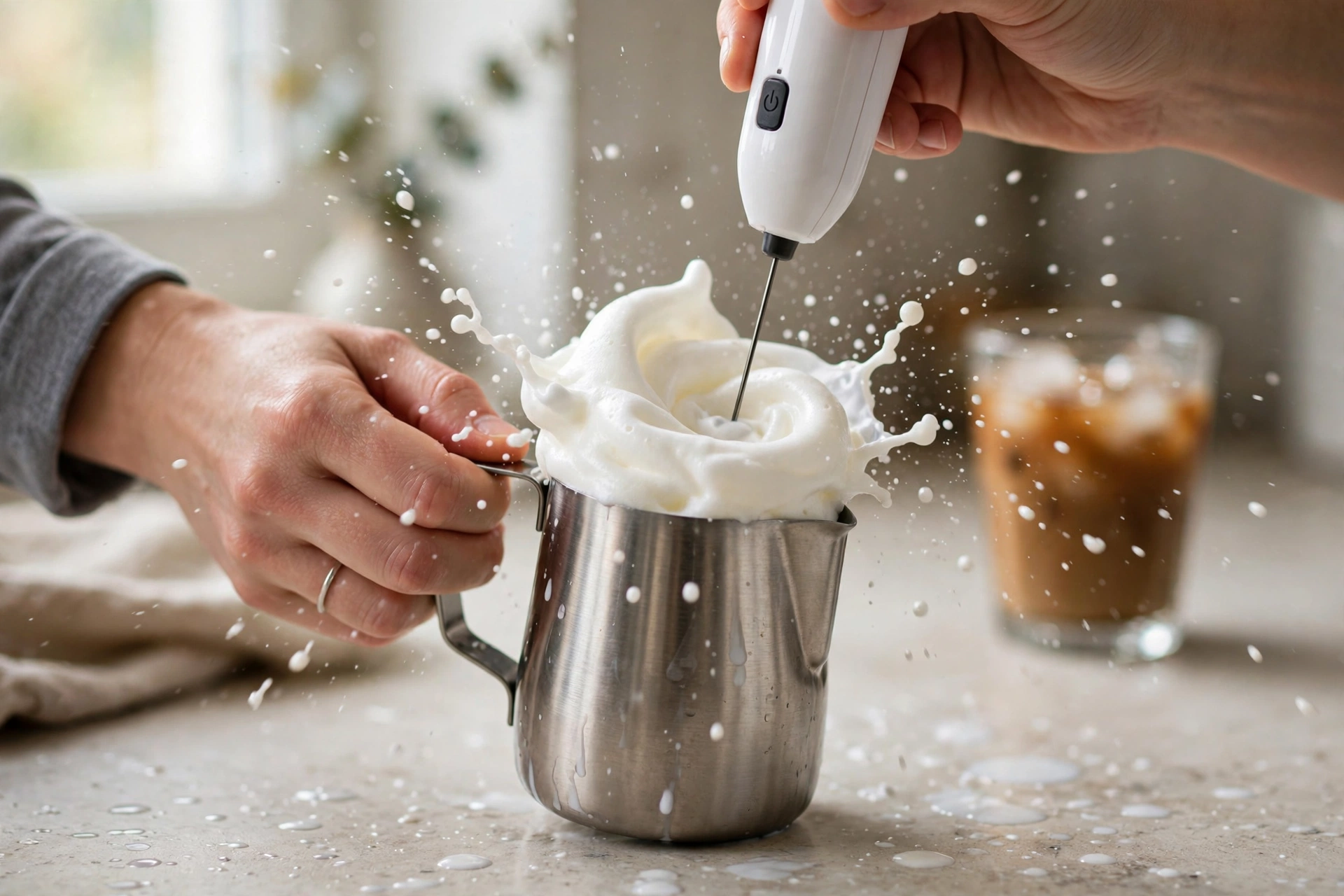 Handheld milk frother whipping cold milk into thick foam in a steel pitcher