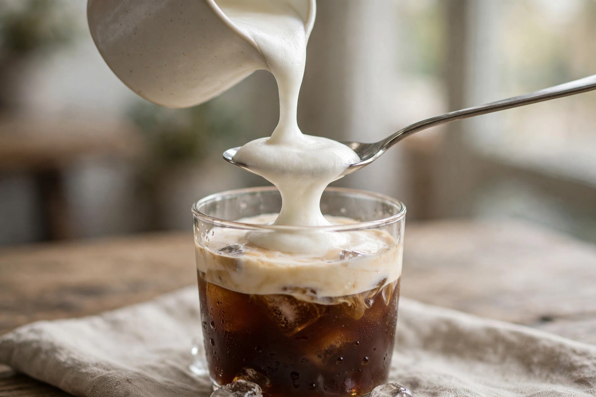 Pouring thick cold foam over the back of a spoon onto a glass of iced coffee