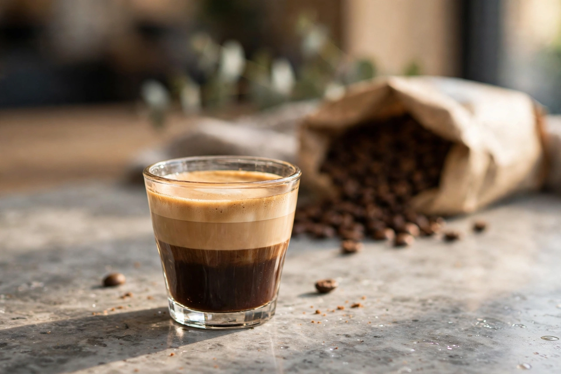 Small glass cortado showing layers of espresso and steamed milk on a café counter