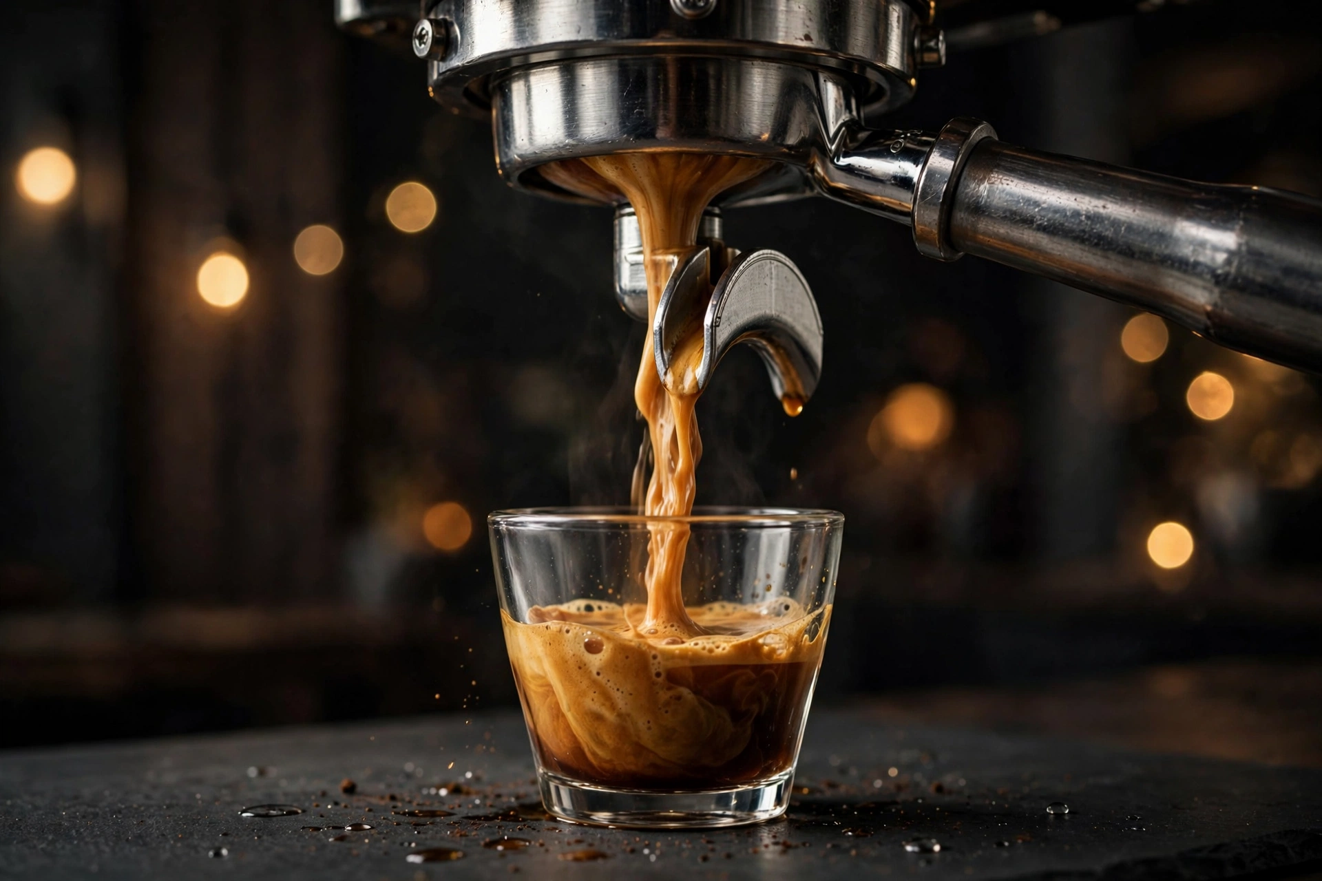 Espresso pouring from a portafilter into a small glass cup with golden crema