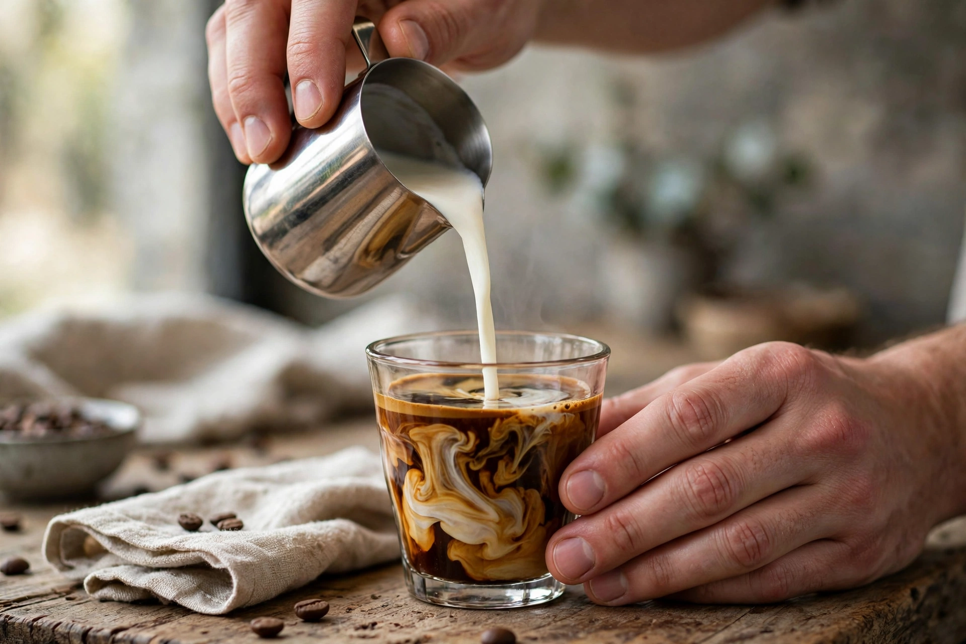 Steamed milk being poured from a pitcher into espresso to make a cortado
