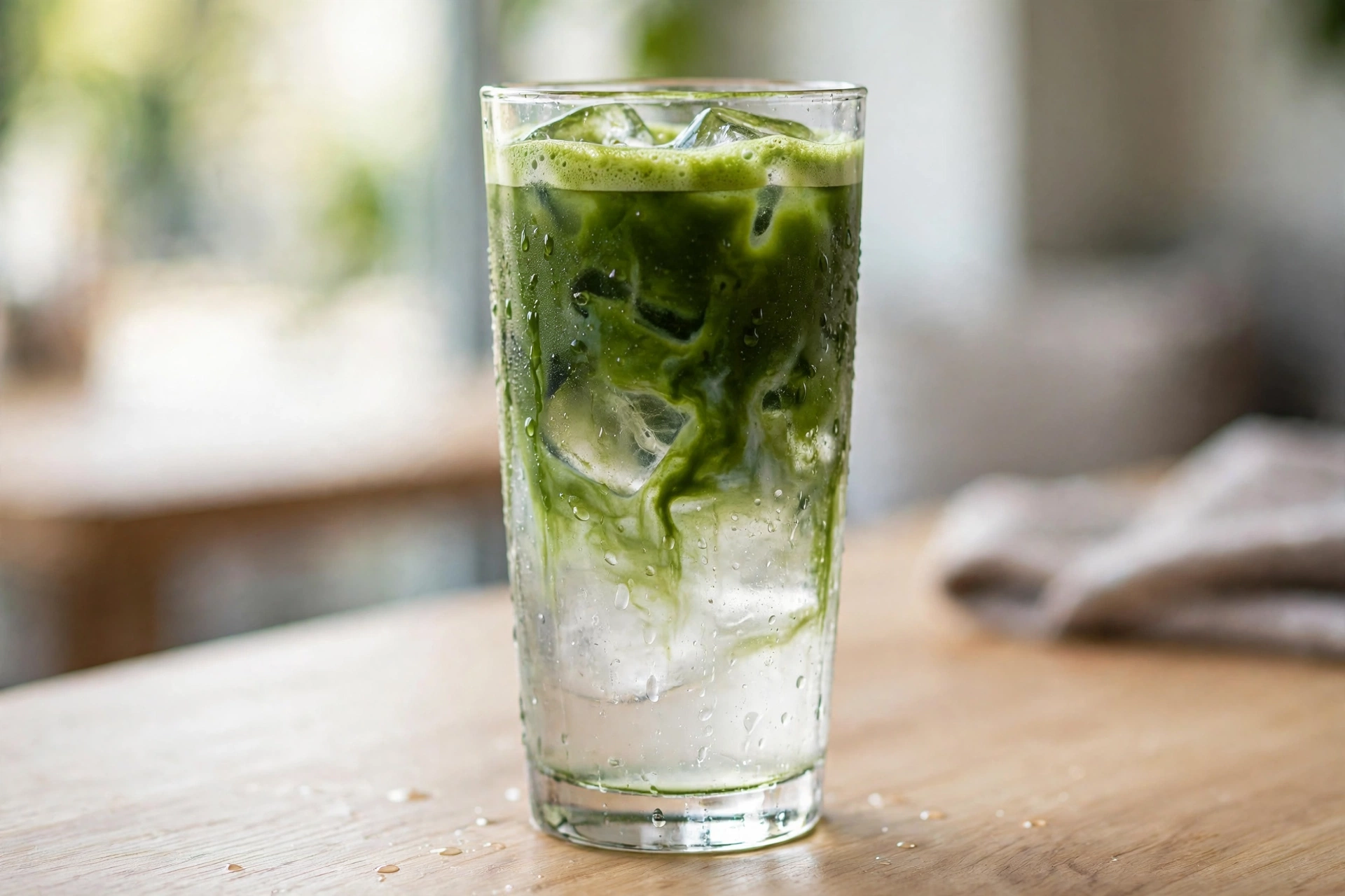 Tall glass of iced matcha americano with whisked matcha poured over ice water