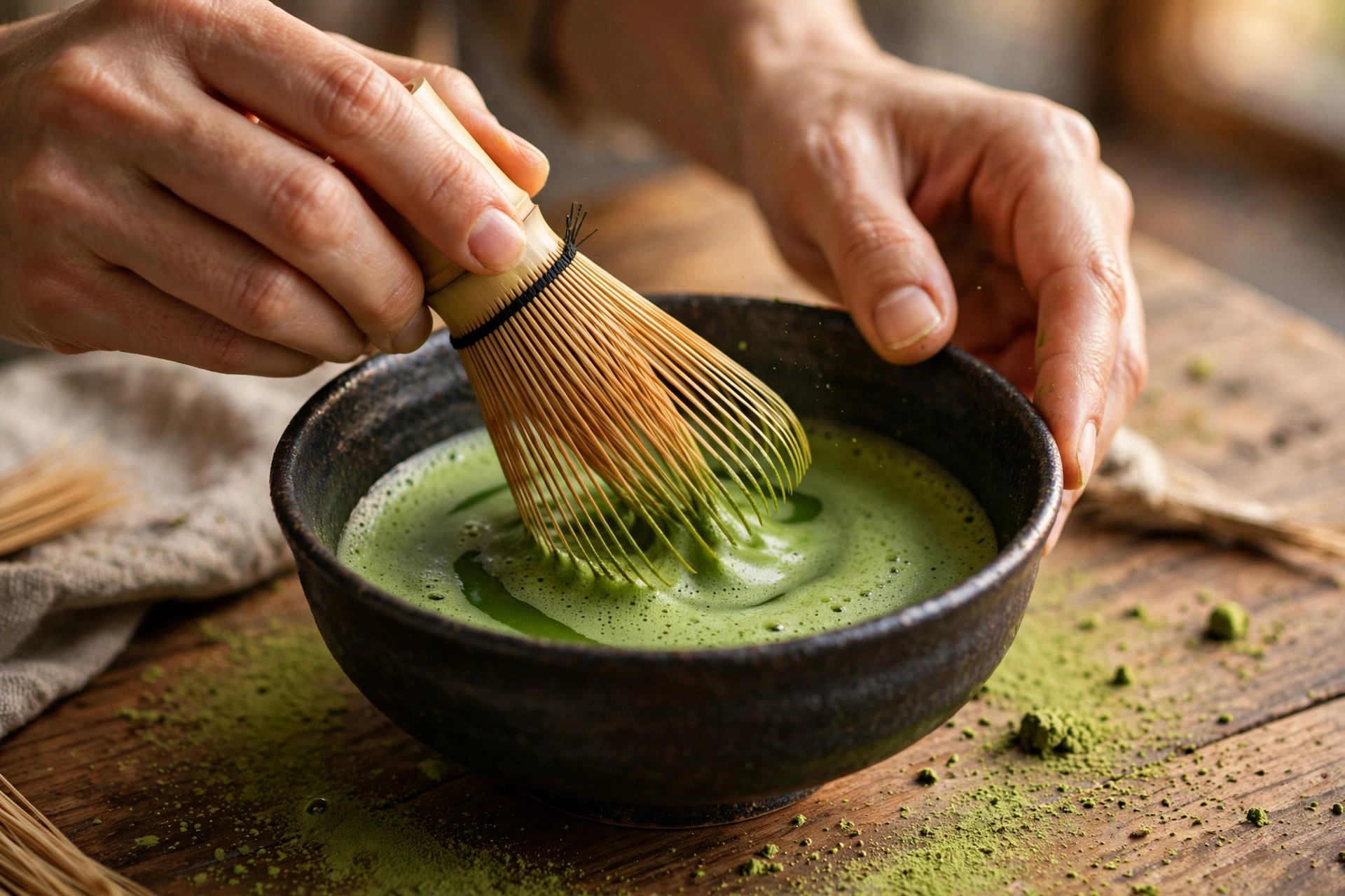 Hands whisking bright green matcha with a bamboo chasen in a ceramic bowl